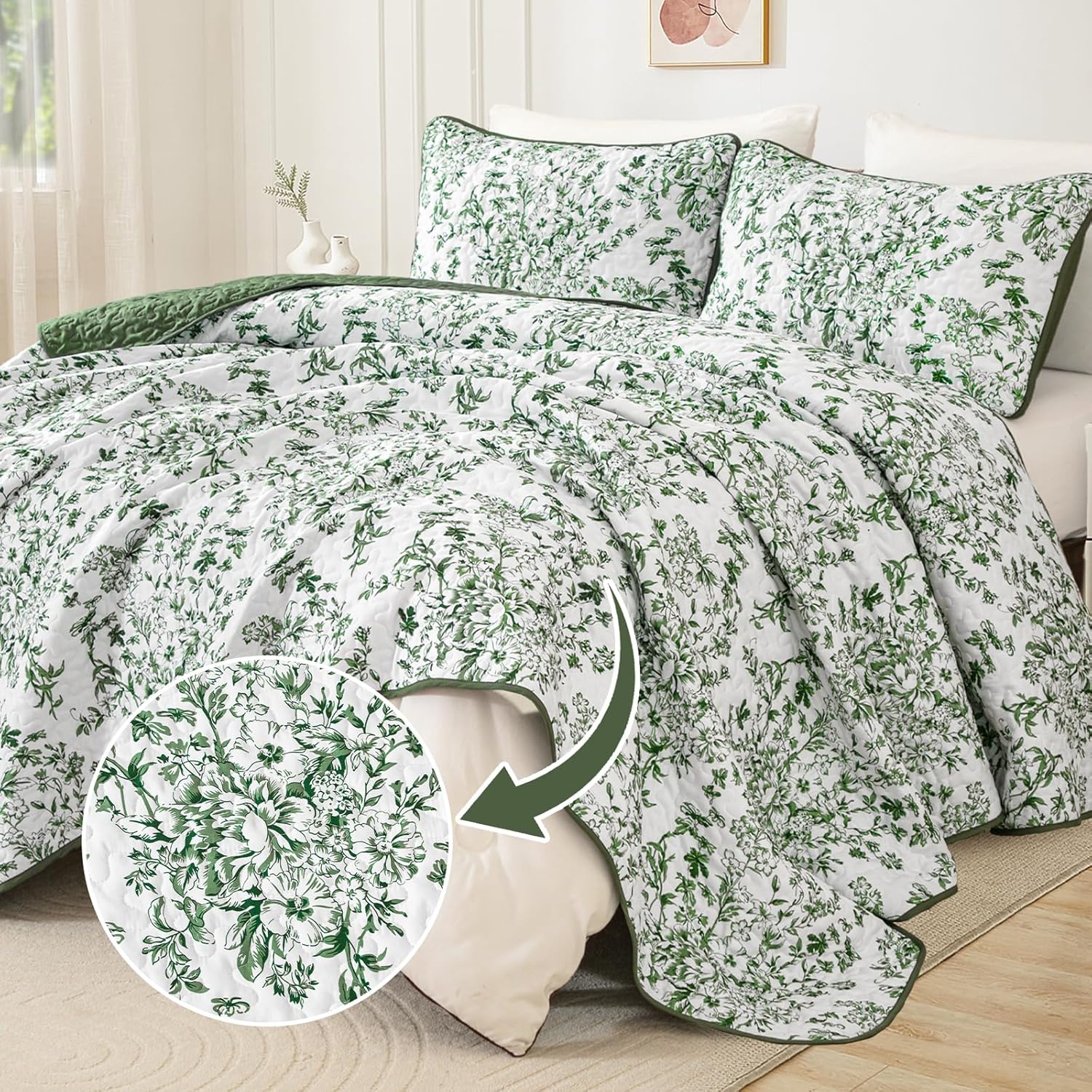 WONGS BEDDING Quilt Queen Size, Green Quilt Bedding Set with 2 Pillowcases, Botanical Quilts for Queen Bed, Soft Microfiber Lightweight Coverlet Bedspread for All Season (96"×90", 3 Pieces) - Image 2