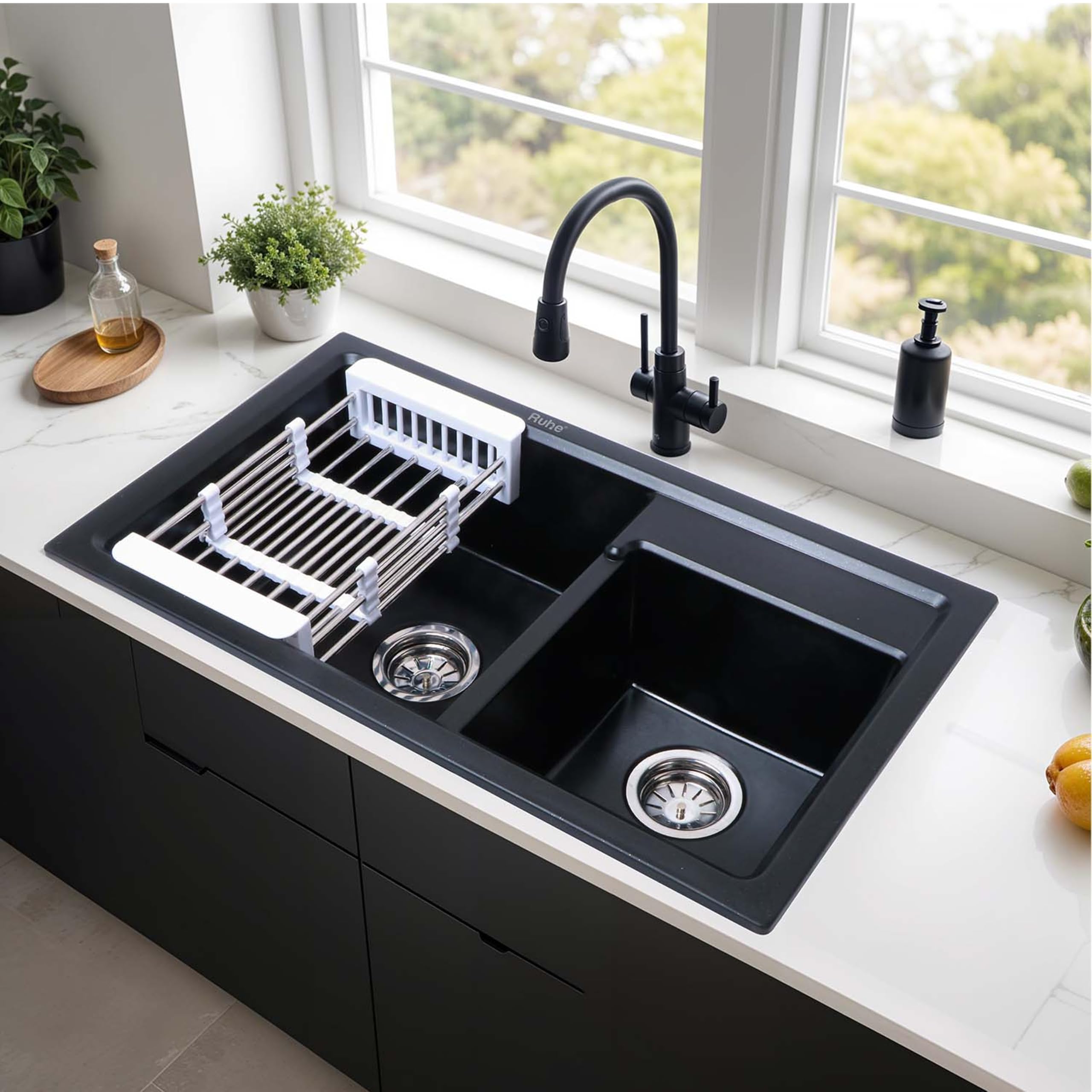 Ruhe® Matte Black Quartz Double Bowl Kitchen Sink - 31x18x9 inches| Durable & Scratch-Resistant Kitchen Sink | Granite Sink with Couplings, Waste Pipe, Sink Connector & Vegetable Washing Basket