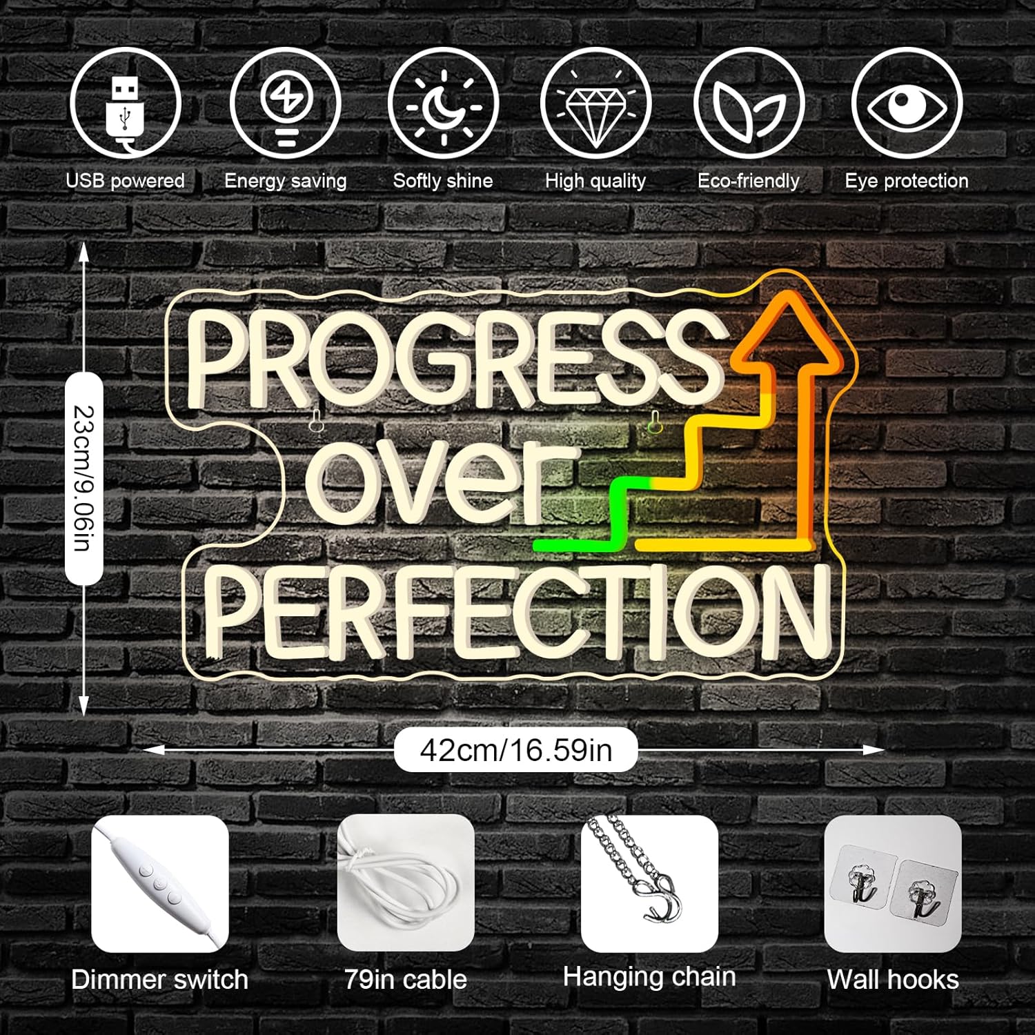 Horseneon Progress Over Perfection Neon Sign Classroom LED Wall Decor for Students, Teachers & Study Areas, USB-Powered with Adjustable Brightness