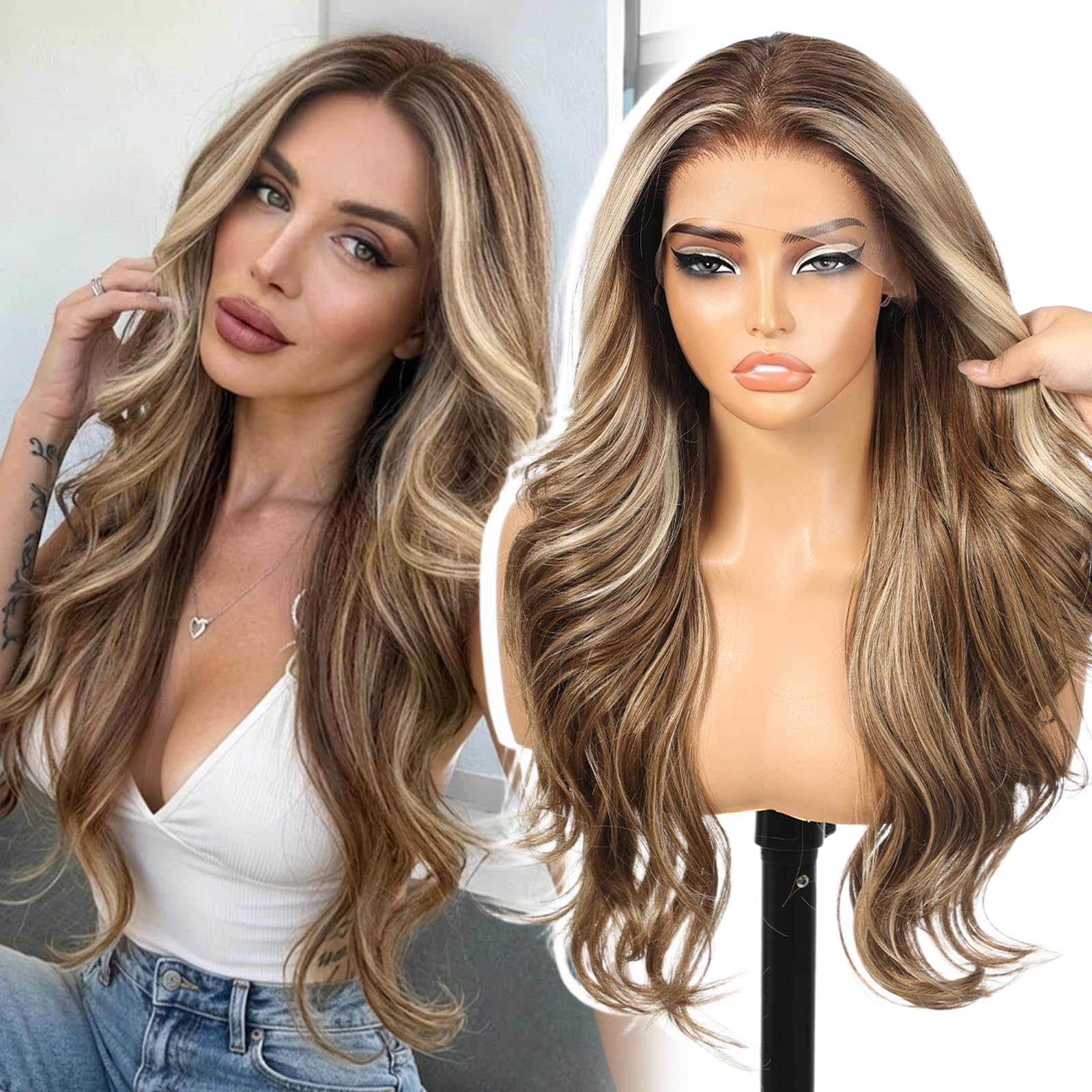 KOME Ombre Brown Highlight Synthetic Lace Front Wig,13x4 HD Lace Layered Wavy Glueless Wigs for Women Daily Use 26IN(#TT6/166