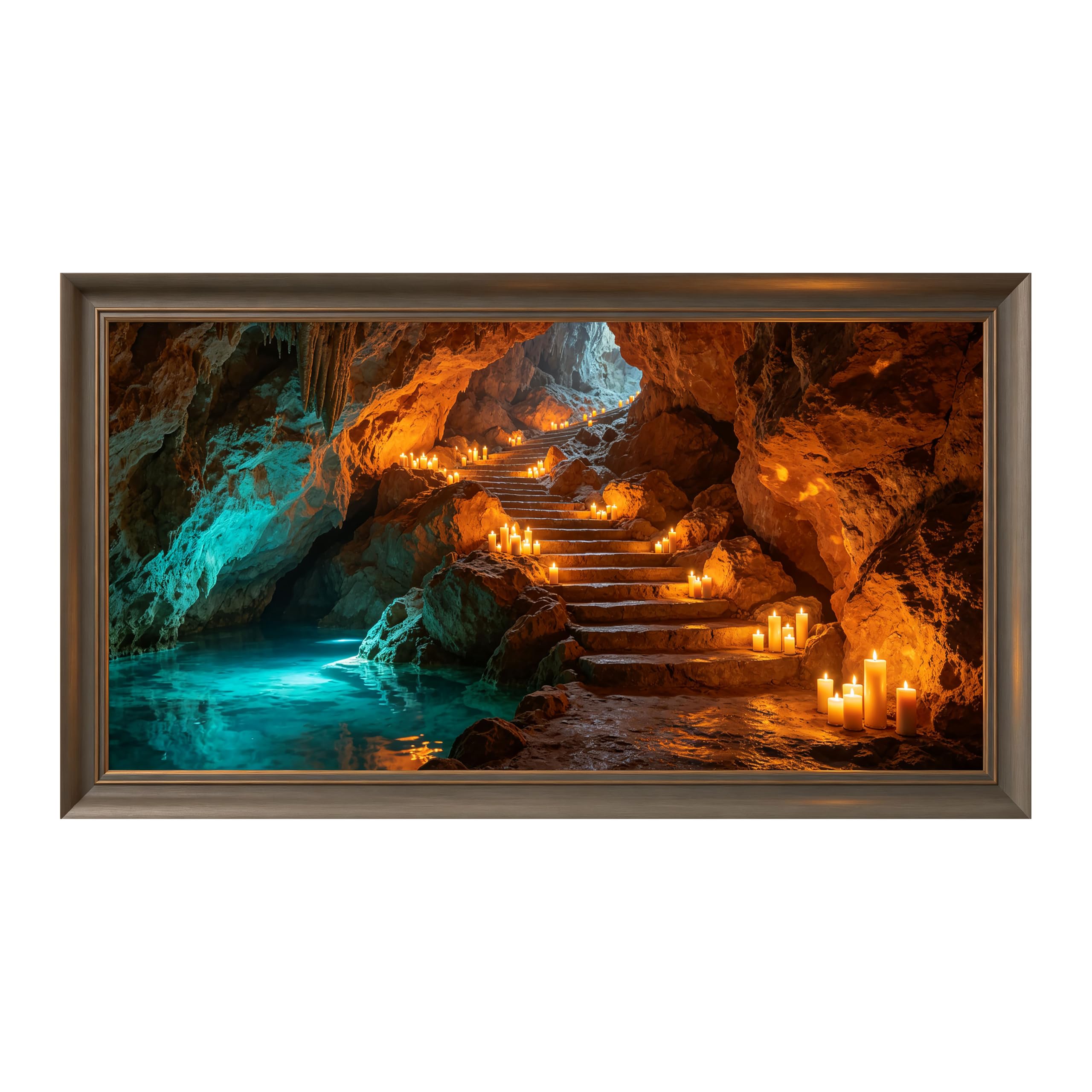 Yzpallescene 3D Framed Wall Art Mystic Cave Stairway Candlelight Underground Lake Large Size SelfAdhesive Removable Wall Decor Prints Artwork for Living Room Bedroom Office