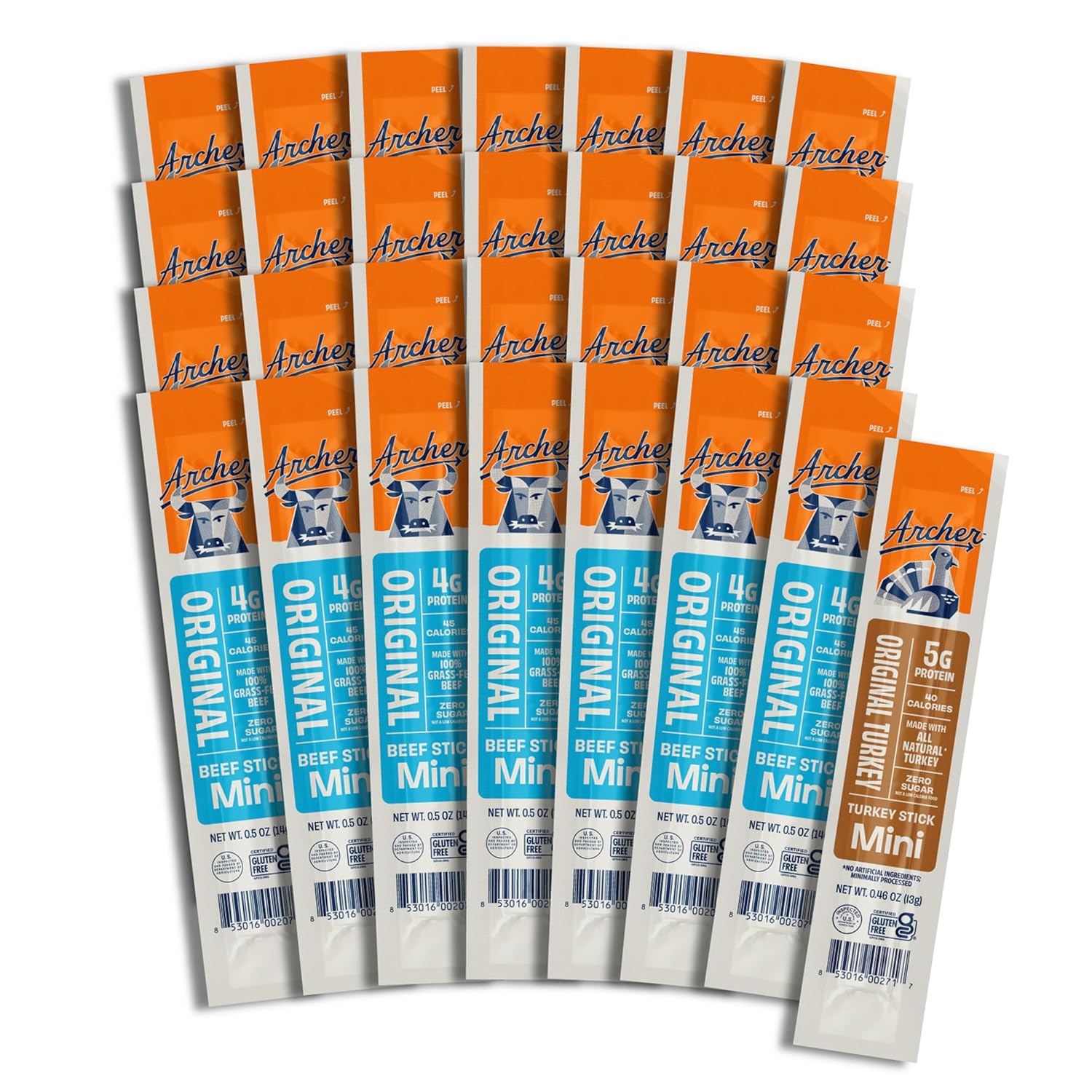 Archer Jerky Mini Beef Jerky Sticks - Grass-Fed Meat Sticks, Individually Wrapped, Mini Protein Snack, Gluten Free, Low Carb, Keto - .5 oz Original Beef (Pack of 28) & .5 oz Original Turkey (1ct)