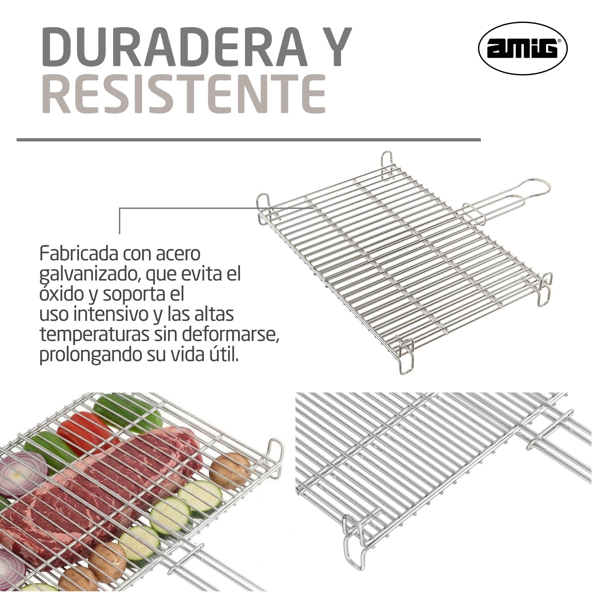 Amig - Parrilla para Barbacoa - 65 x 40 cm - Fabricado en Acero Resistente a la Corrosión - Volteo Uniforme Ideal para Asar Carnes y Verduras - Mod. AM26