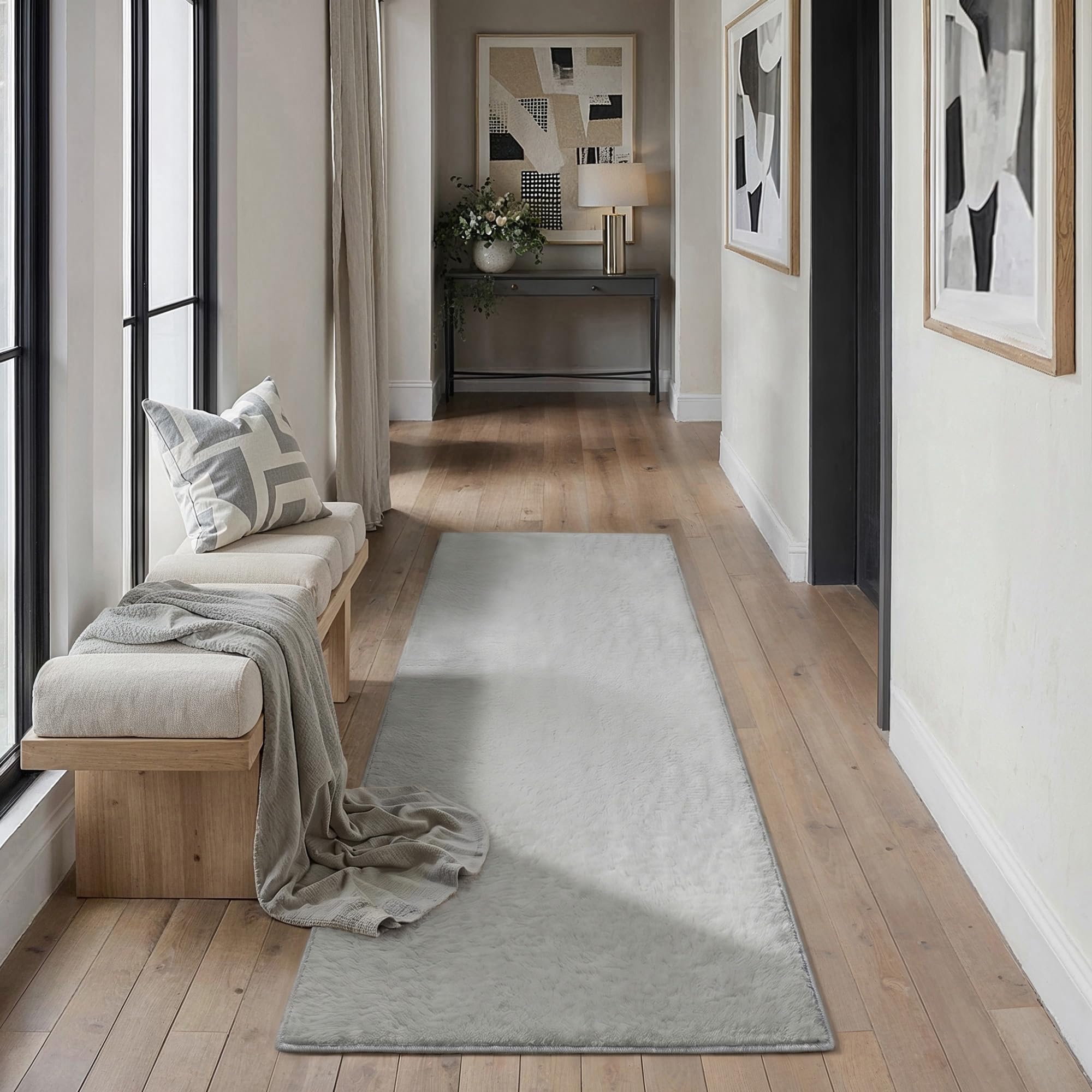 PureCozy Hallway Runner Grey Rug 60x180cm Carpet Runners Fluffy Washable Carpet Soft Faux Fur Carpets Non Slip Kids Girl Lounge Bedside Nursery Office Modern Low Pile Area Rug