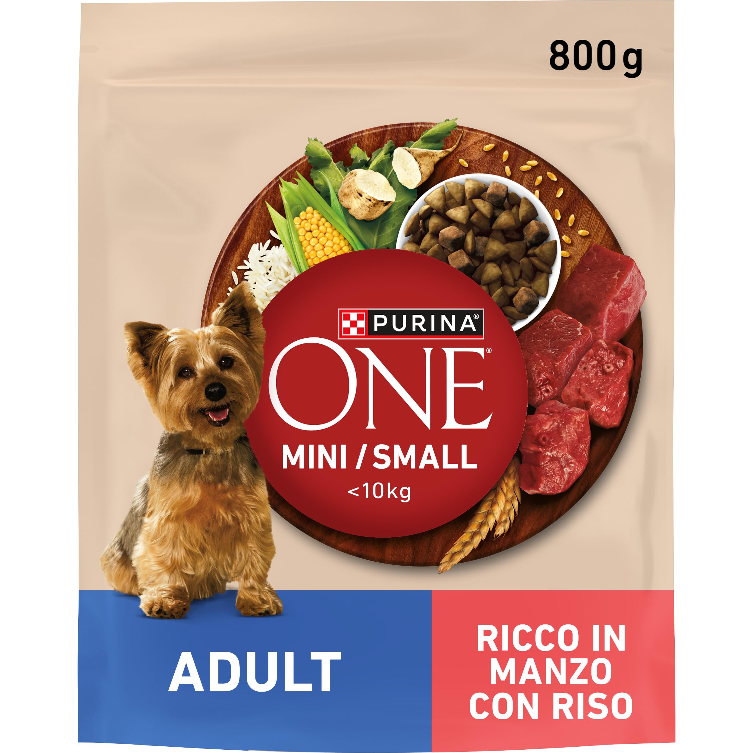 PURINA ONE Mini Small Crocchette per Cani Adulti Ricco in Manzo 8 Sacchi da 800g