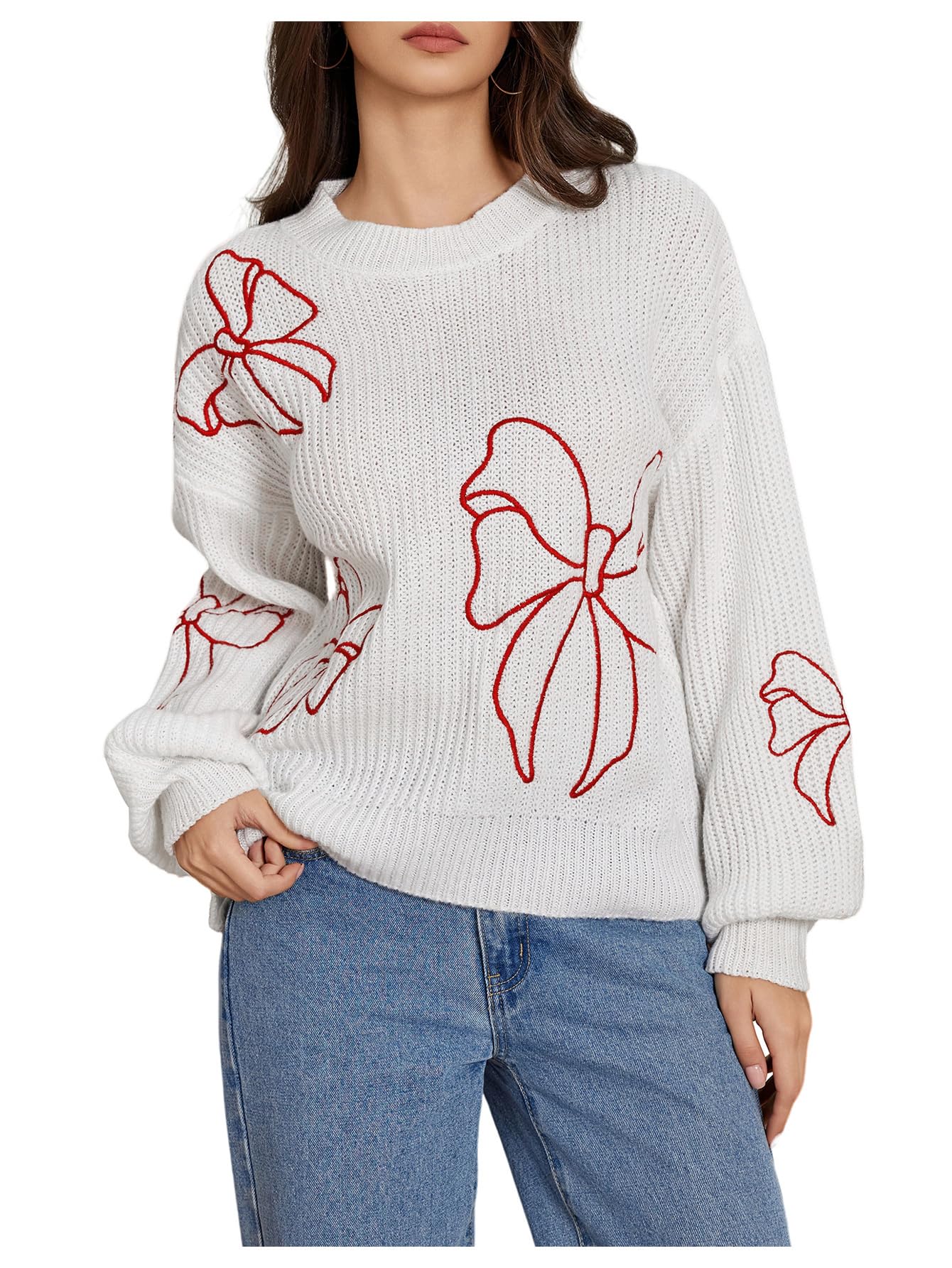 Verdusa Womens Bow Embroidery Cozy Sweater Fall Outfits Oversized Pullover Ribbed Knit Tops