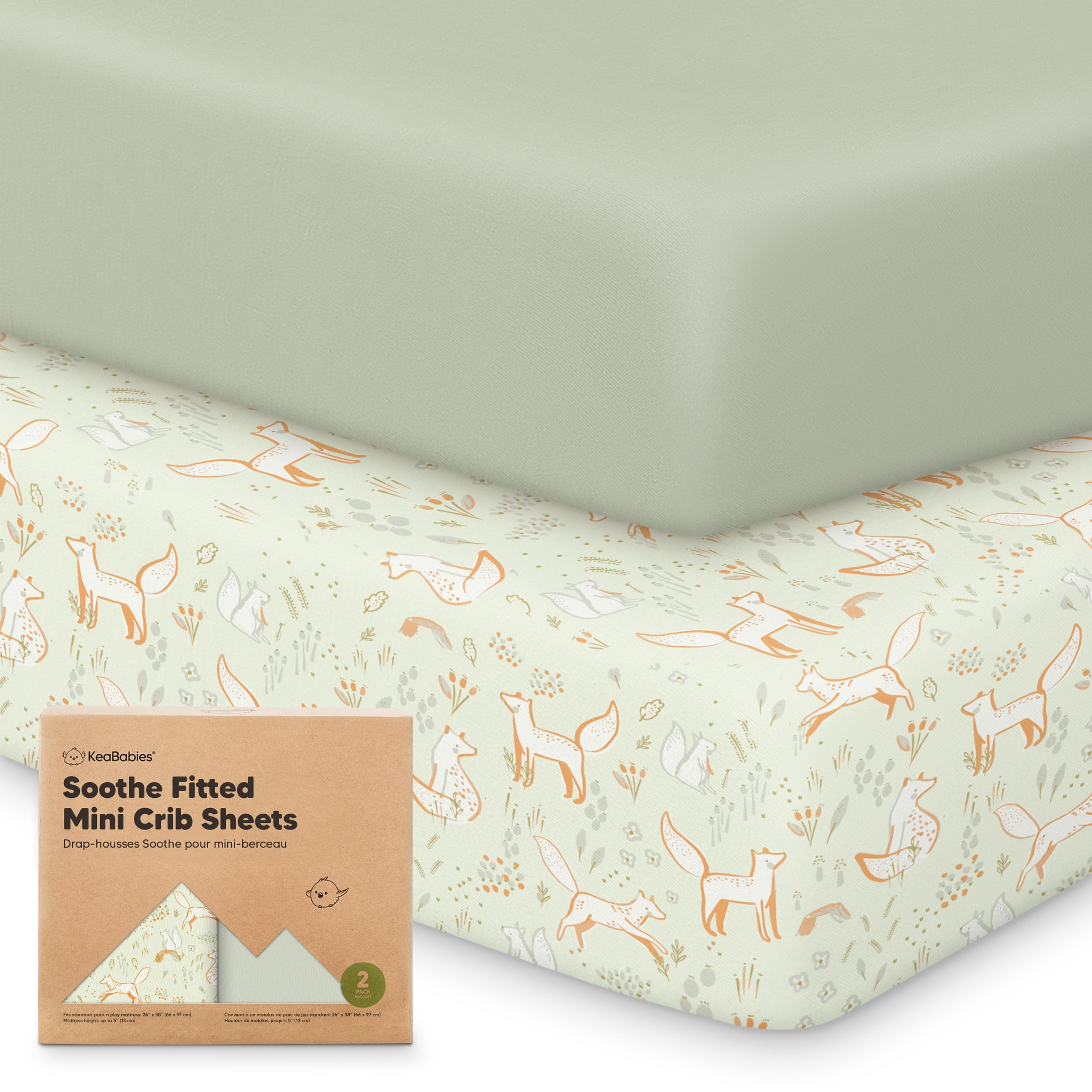 2-Pack Mini Crib Sheets Fitted - 38x26 Pack N Play Sheets for Pack and Play Mattress, Organic Cotton, Soft & Breathable Playard Bedding, Neutral Mini Toddler Bed Cover for Boys, Girls (Foxtrot)