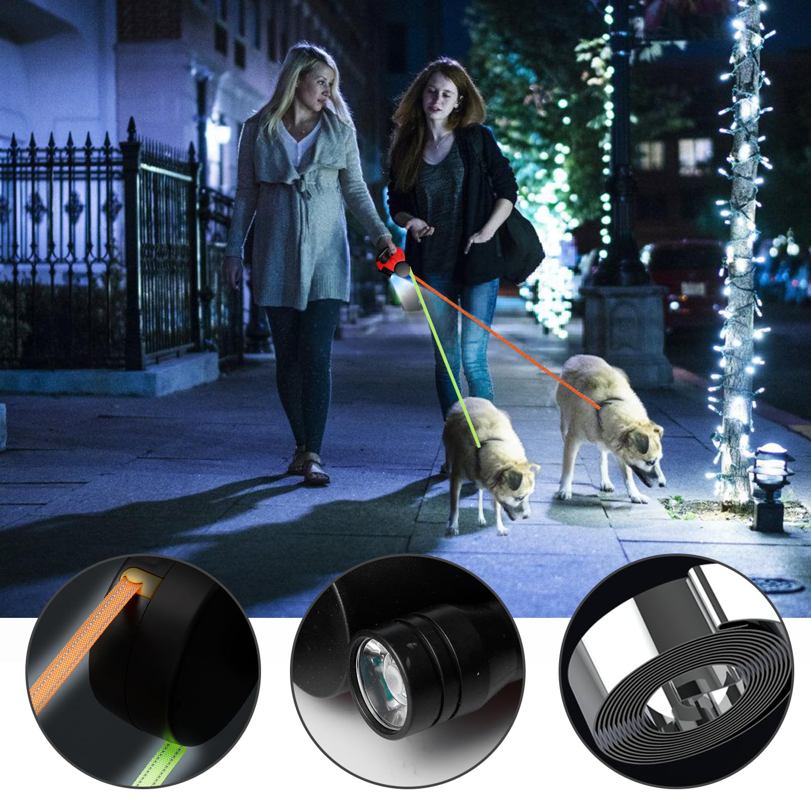 Laisse double pour 2 chiens - 3 mètres, laisse rétractable et extensible pour chiens avec fonction de lumière, poignée ergonomique et bobine
