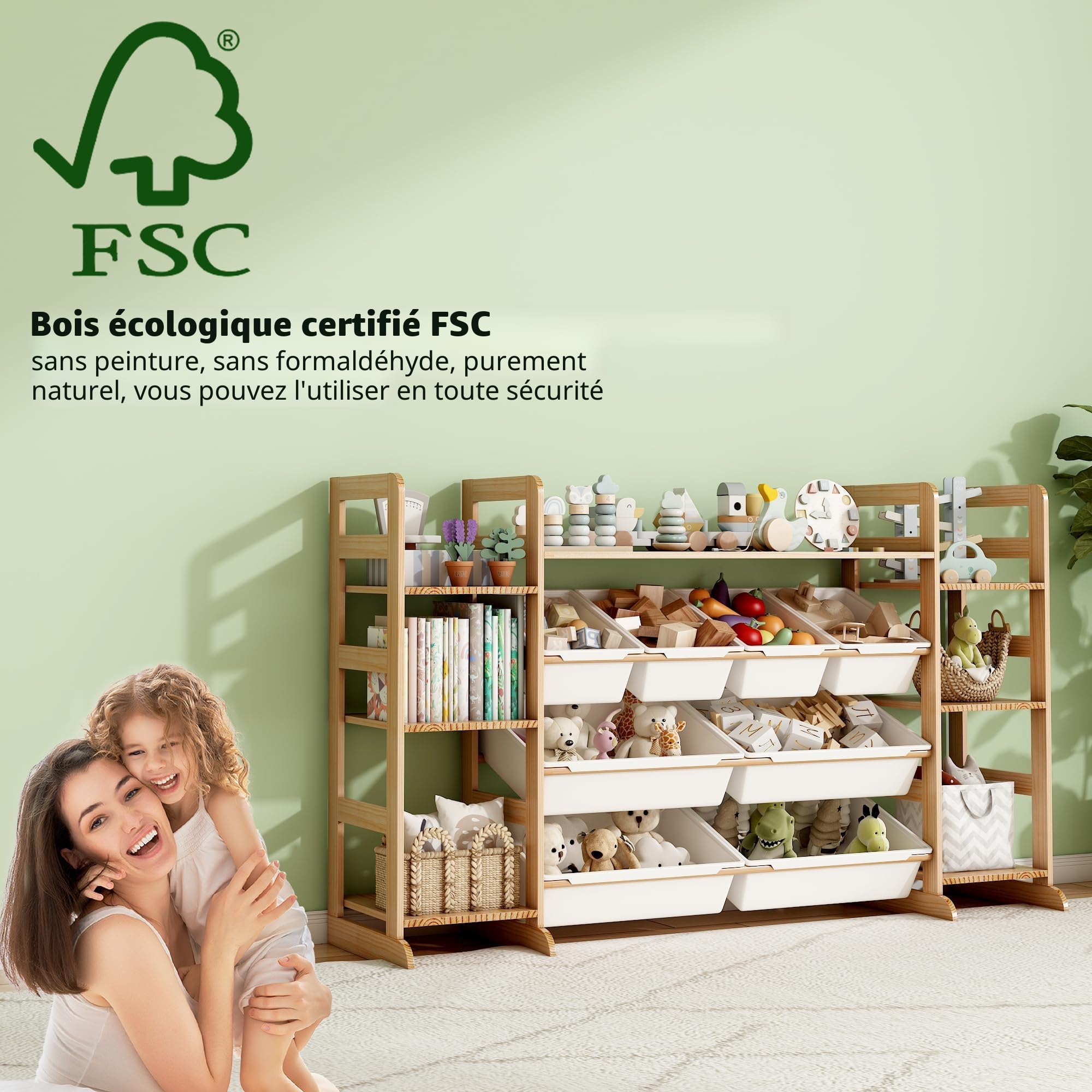 Meuble de Rangement Jouets Enfant Bibliothèque Enfant avec 8 Boîtes Amovibles, Bibliotheque Enfant Bois pour Aux Chambres à Coucher et aux Salles de Classe (133 x 80 x 34.5 cm)