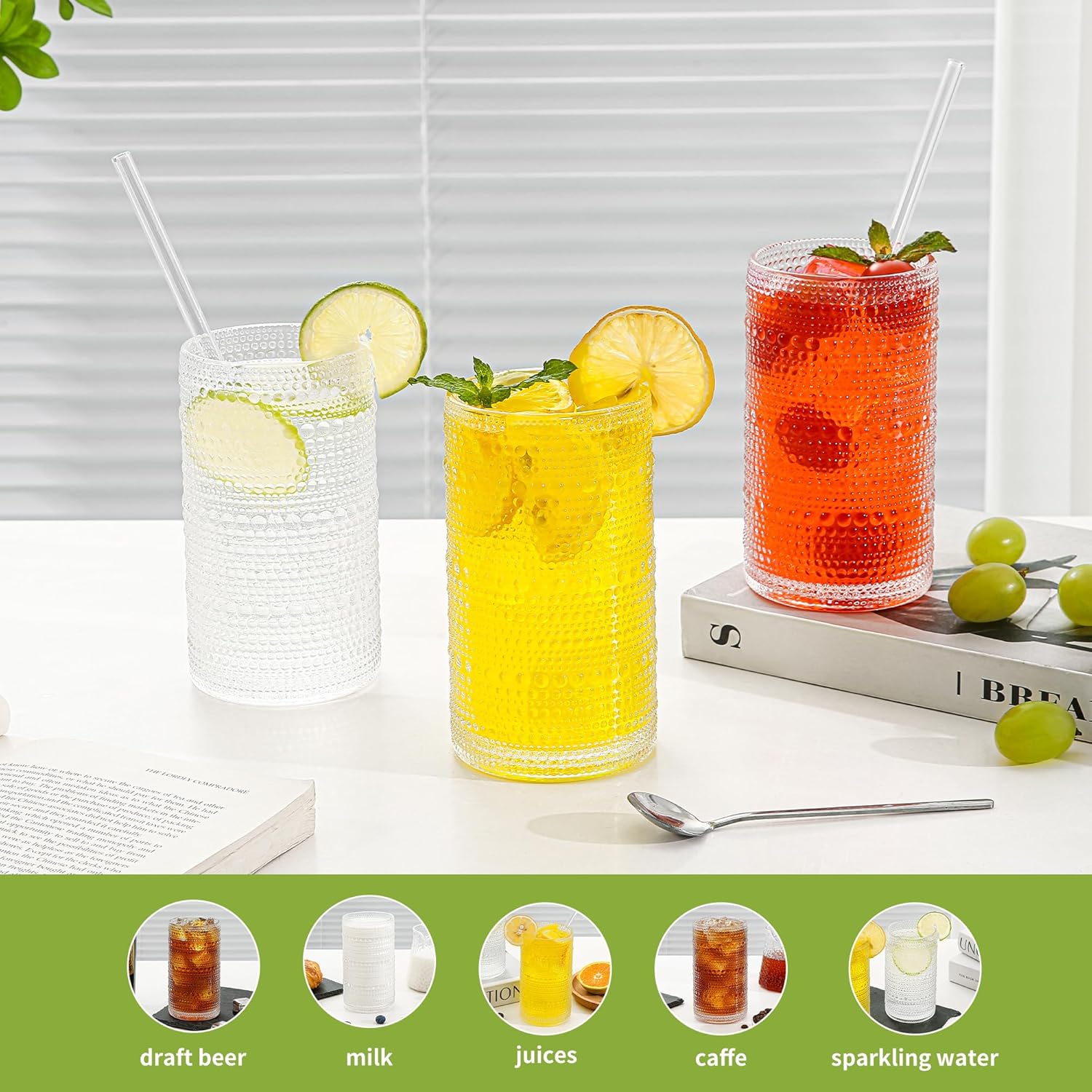 Large Vintage Hobnail Drinking Glasses Set of 6, 16oz Clear Highball Glasses Cups, Kitchen Water Glasses Cup, for Cocktail, Juice, Whiskey, Milk and Various Mixed Drinks - Image 5