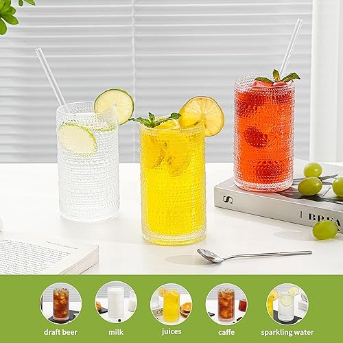 Miniatura 5 de Juego de 6 vasos grandes vintage para beber, vasos altos transparentes de 16 onzas, vasos de agua de cocina, para cóctel, jugo, whisky, leche y