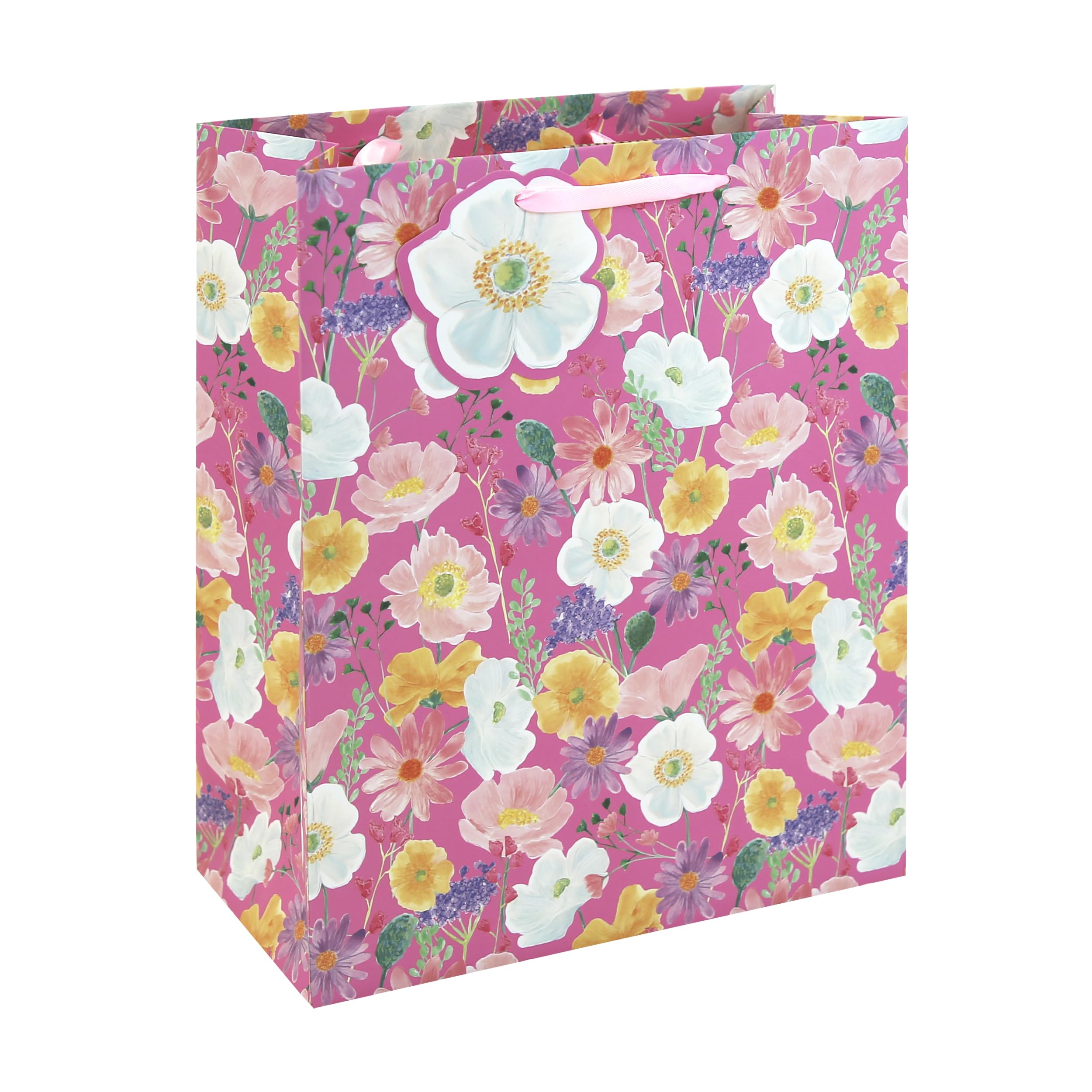 Eurowrap Bright Floral Large Gift Bags Pack of 6 – Pink Present Bags with Colourful Flowers, Yellow Inside Print, Silk Handles & Tag – Gift Bags for Girls, Women, Birthday & Valentine’s Day