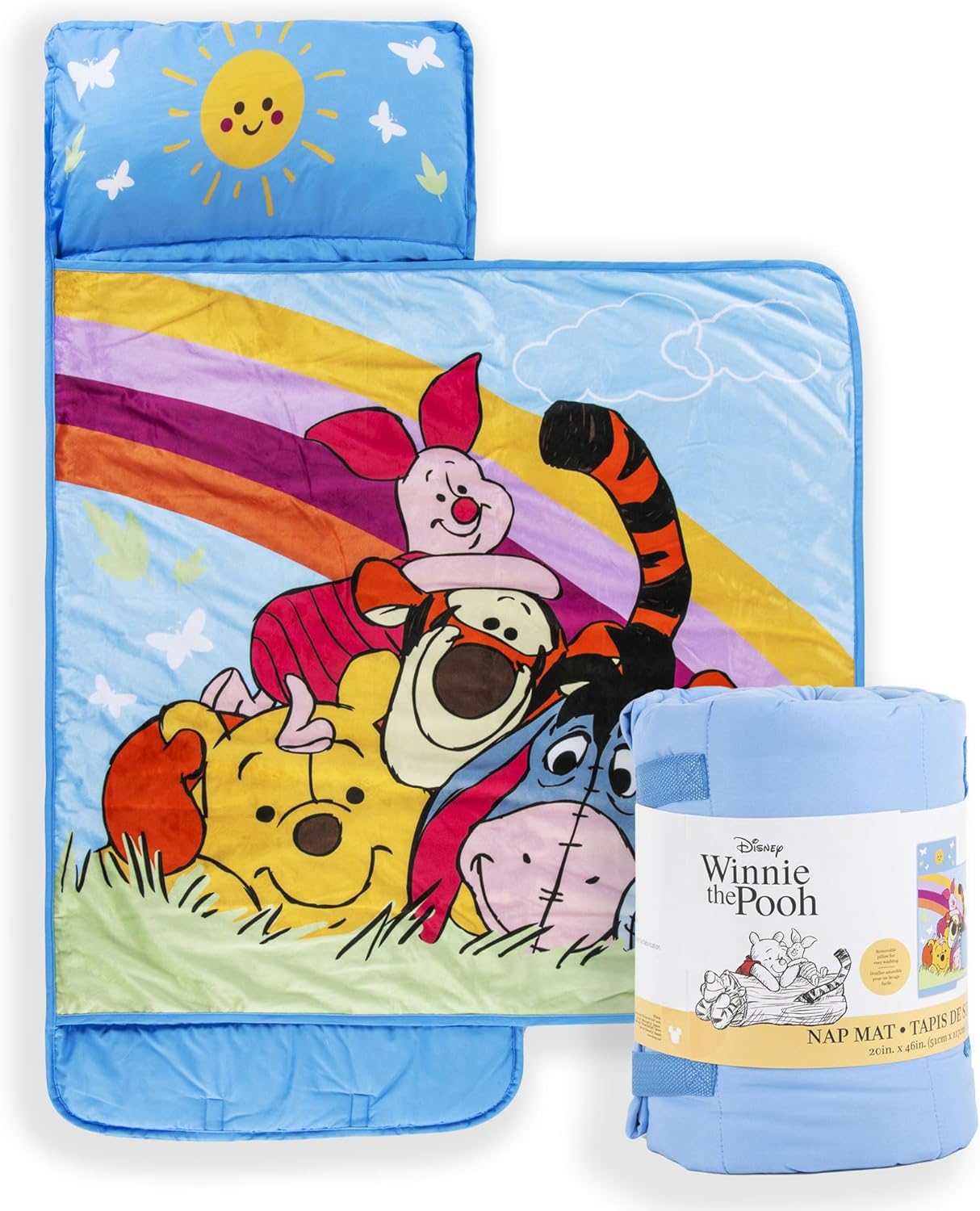 Jay Franco Kids Nap Mat with Embedded Pillow & Blanket – Soft 46"x20"Microfiber Sleeping Bag with Name Tag & Handle for School, Travel, Sleepover, Multi - Winnie The Pooh
