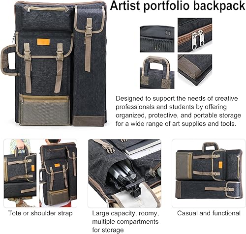 Miniatura 2 de TRANSON Art Portfolio Case Artist Mochila Bolsa de Lona Grande 26" x 19.5" Color Negro
