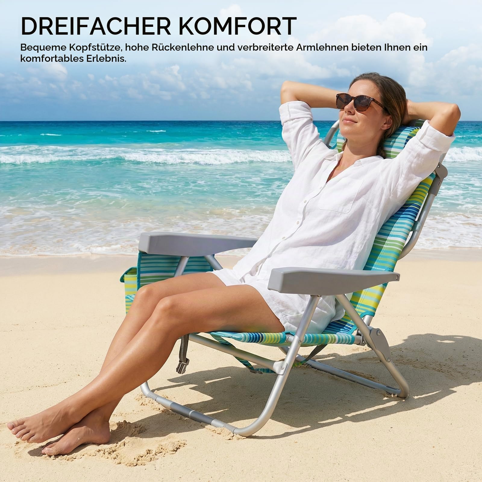 LIFERUN Strandstuhl Klappbar Leicht Aluminium 2er Set & Tisch, Rucksack Klappstuhl Strand, Campingstuhl Kann Flach Liegen,bis 150 kg belastbar, Outdoor Faltstuhl Verstellbarer Hohe Rückenlehne Grün