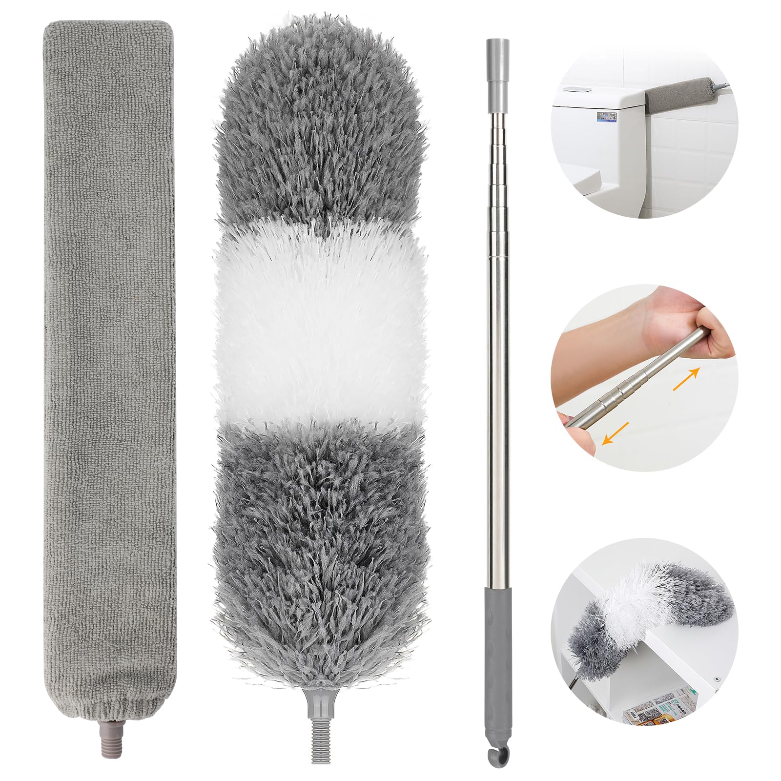 PHOGARY Feather Duster,6 PCS Extendable Bendable Washable Cobweb Duster with Extension Pole Up to 213CM, Grey Long Feather Dust Brush for Cleaning Gap Dust, Ceiling Fan, High Ceiling, Furniture