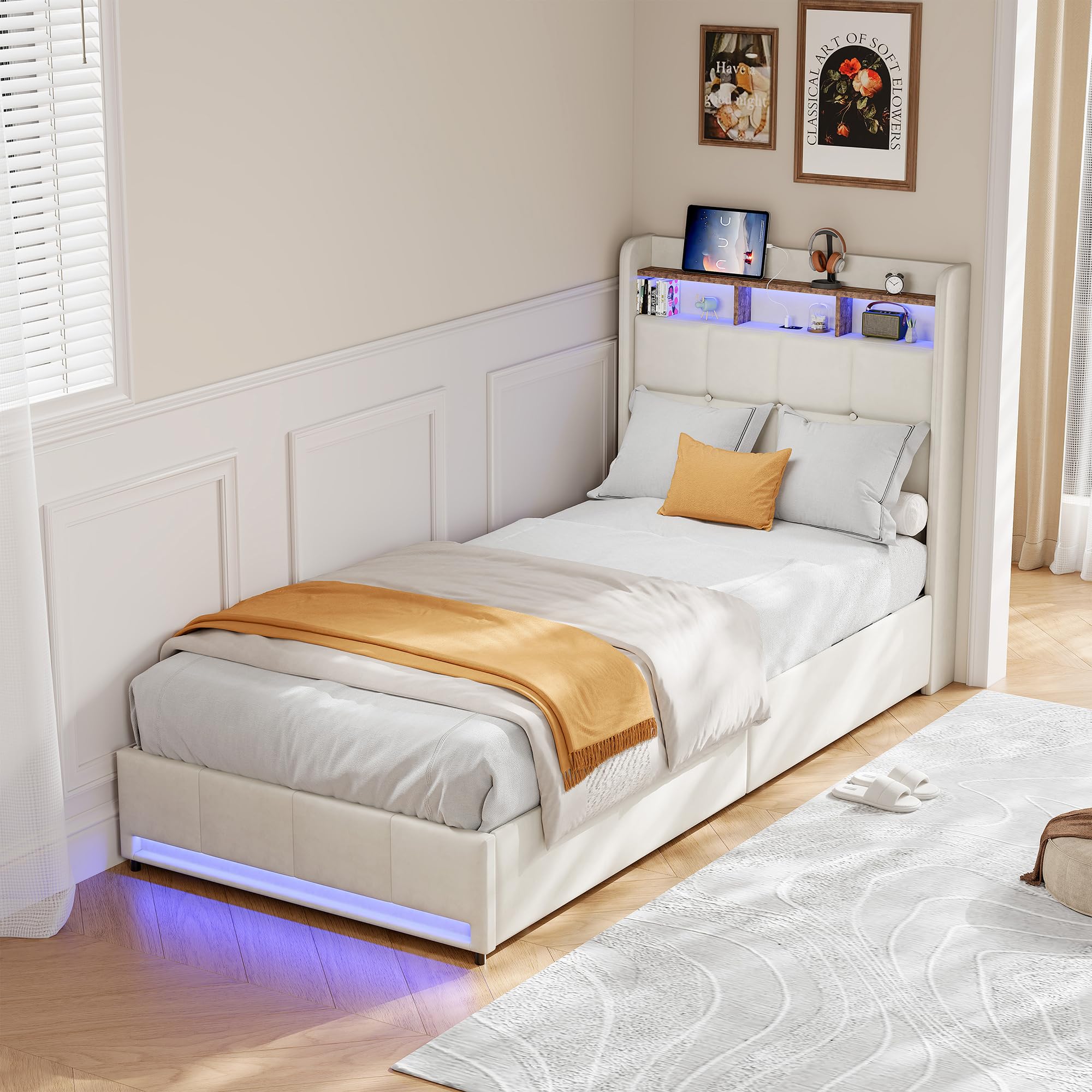 Letto imbottito 90 x 200 cm con vano portaoggetti, letto singolo con cassetti, letto per ragazzi con illuminazione a LED e stazione di ricarica, telaio in metallo e rete a doghe in legno