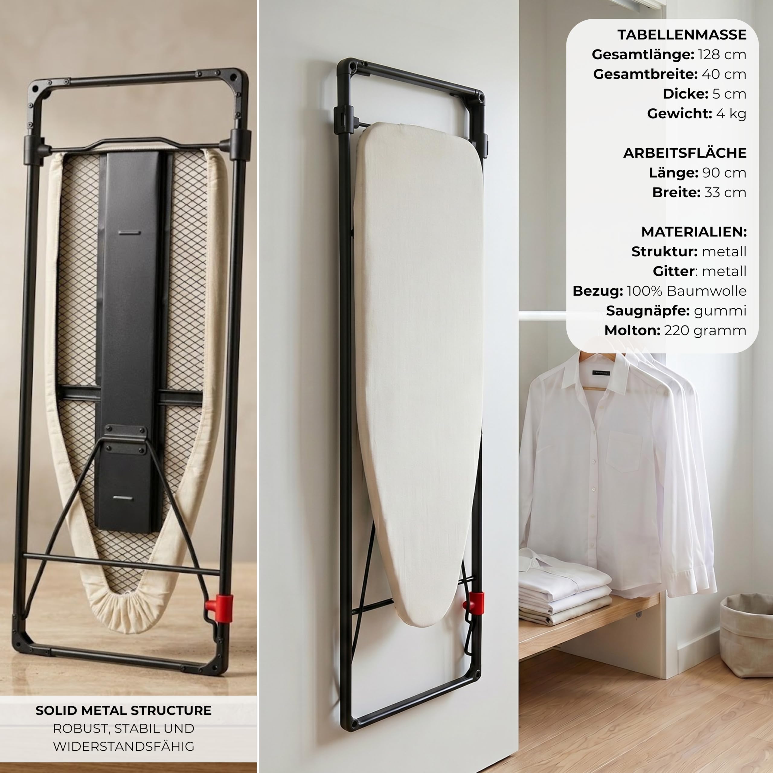 Erreke Bügelbrett klappbar für Wand oder Tür, platzsparend, Robust, Elegant | robuste Struktur mit Metallgitter. Inkl. Baumwollbezug. Ideal für Waschküche oder Schlafzimmer. Leicht zu Verstauen