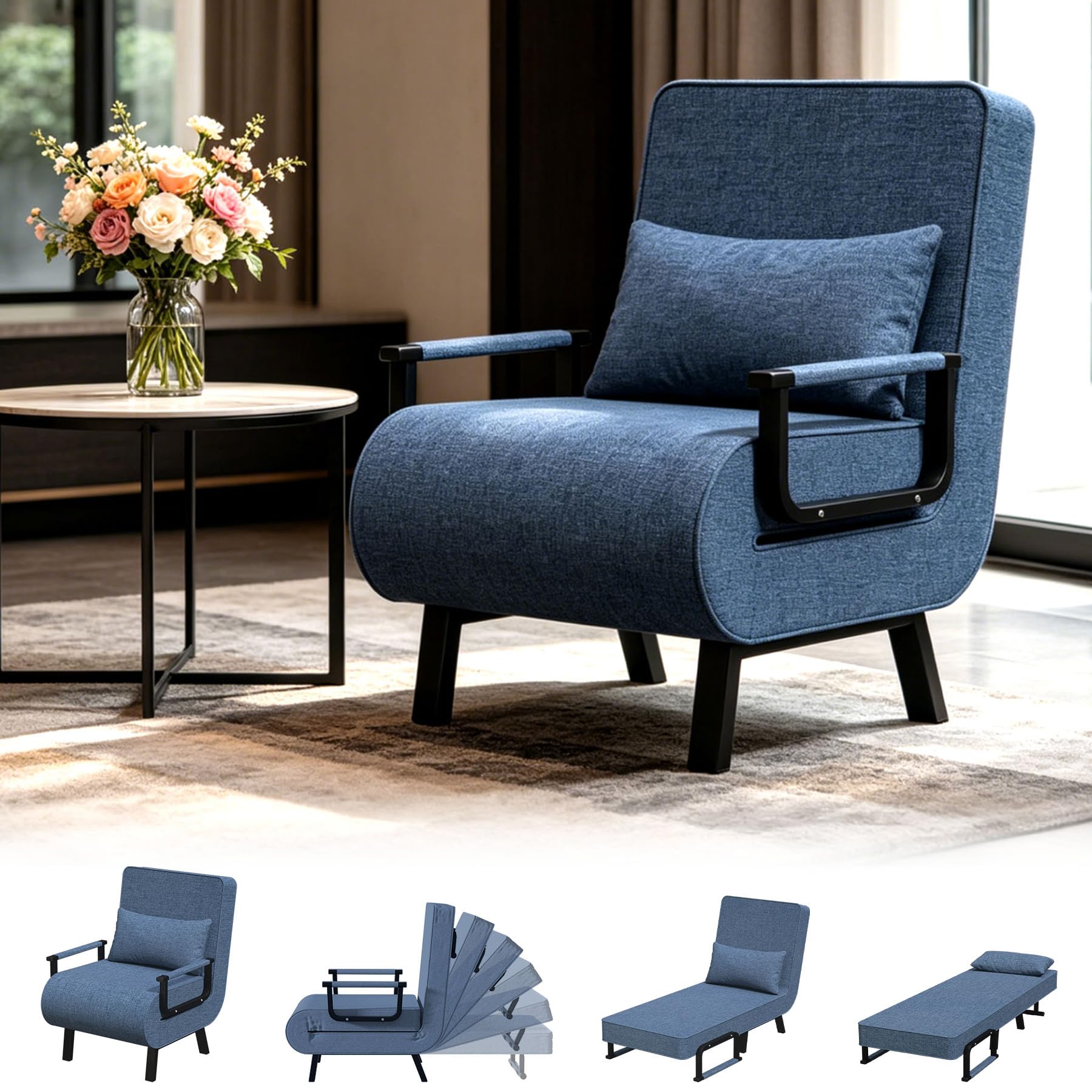 YLGJ&TIDY Chauffeuse 1 Place Convertible 3 en 1, Fauteuil Lit Pliable Dossier 6 Positions, Tissu Lin Mousse à mémoire de Forme, Charge Max 180kg, Lit d’appoint Invités, Sieste Bureau, Bleu
