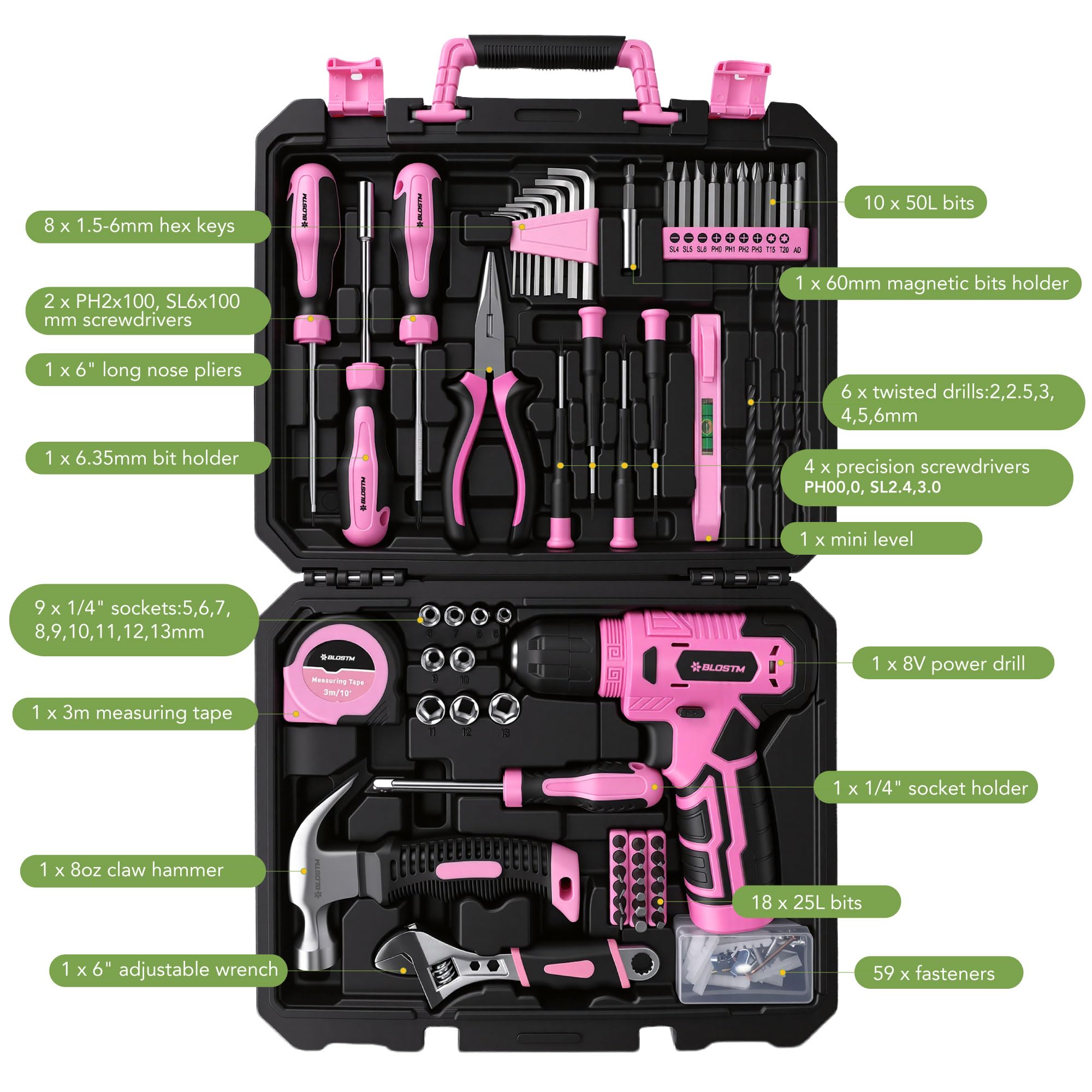 BLOSTM Kit di 126 attrezzi rosa con trapano a batteria da 8 V e utensili manuali per fai da te, riparazioni domestiche, cassetta degli attrezzi portatile con cacciaviti, punte, pinze