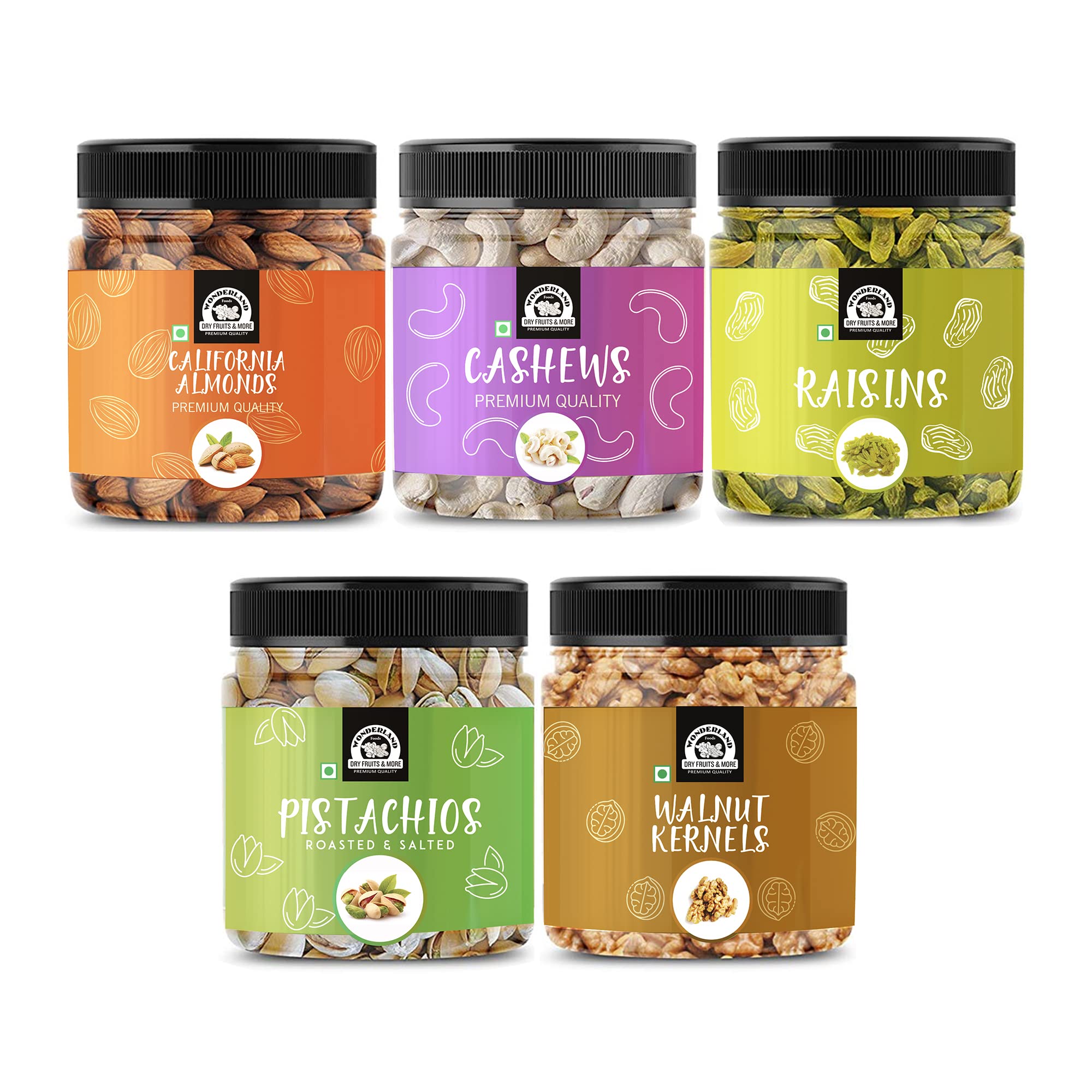 Wonderland Foods 1Kg (200g X 5) Premium Daily Needs Fresh and Healthy Mixed Dry Fruits Combo Pack of NP Almonds, Cashews W320, Long Green Raisin, Pistacho & Walnut Halves Kernels Combo Pack Jar