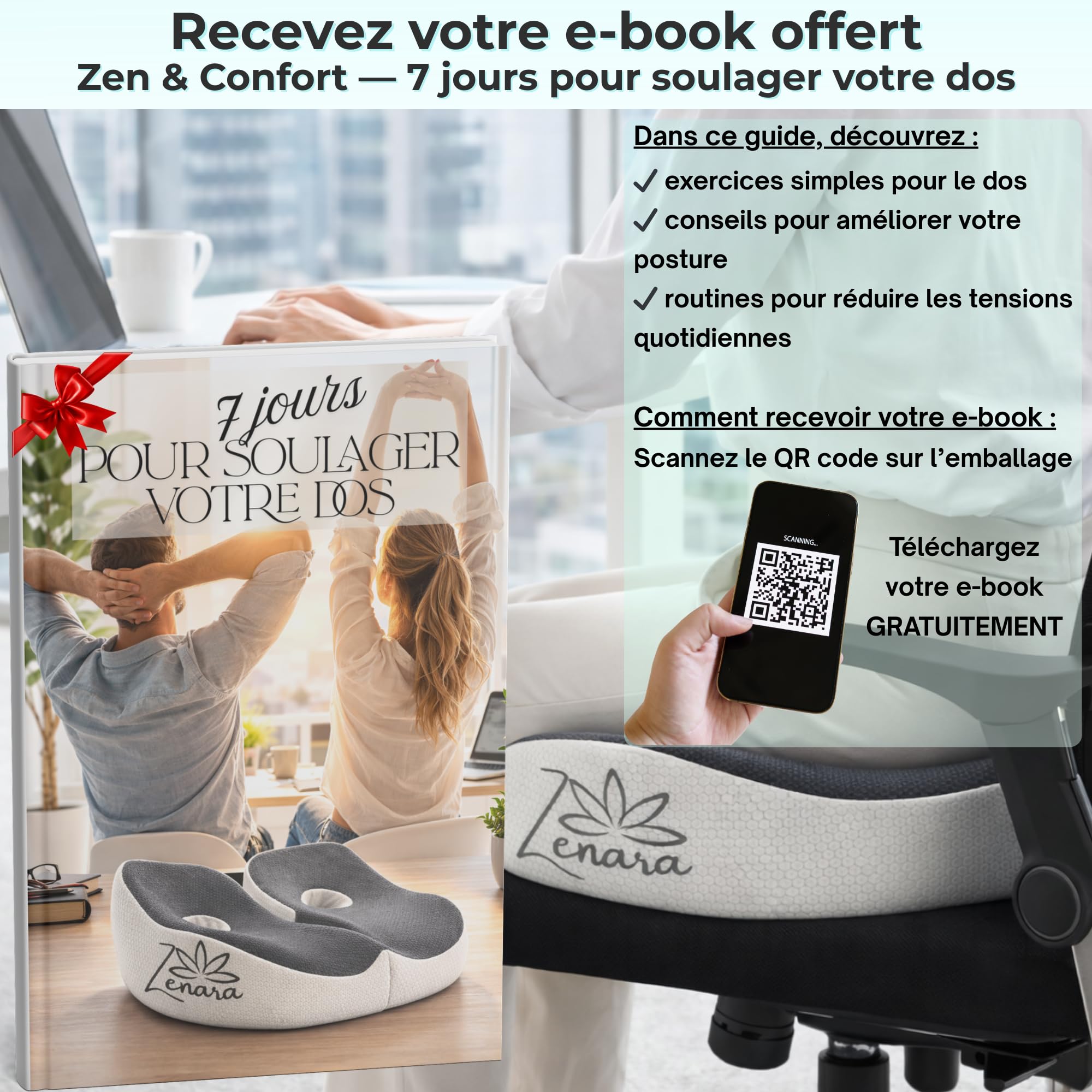 Zenara Coussin Coccyx Chaise Bureau Ergonomique – Coussin Orthopédique Assise en Mousse à Mémoire de Forme – Coussin Siège Voiture et Bureau pour Améliorer la Posture et Réduire la Pression Coccyx