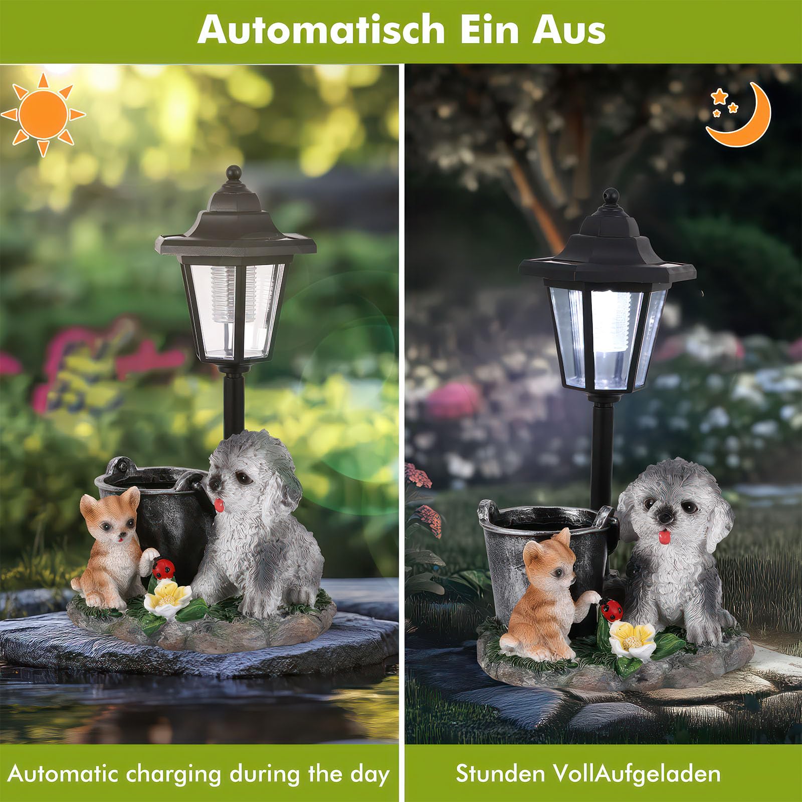 Estatuas de jardín para perros, decoración solar para exteriores, estatuas de jardín para perros, adornos con luces solares, estatua de decoración al aire libre, resistente al agua, linda