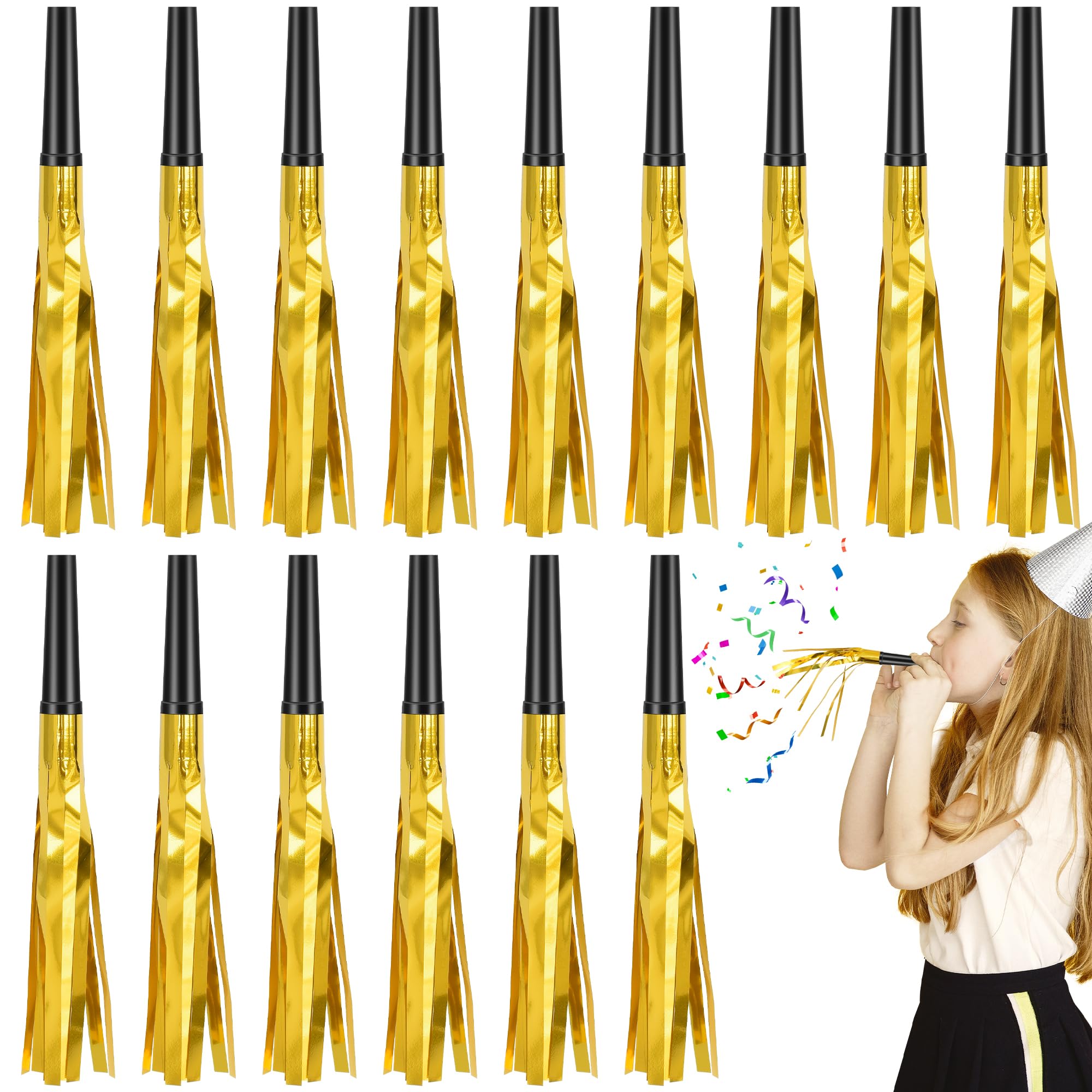 Twavang 24 Pcs Glitter Noise Makers Metallic Fringed Party Blower for Adults Birthday Graduation New Years Party Favors Supplies (Gold)