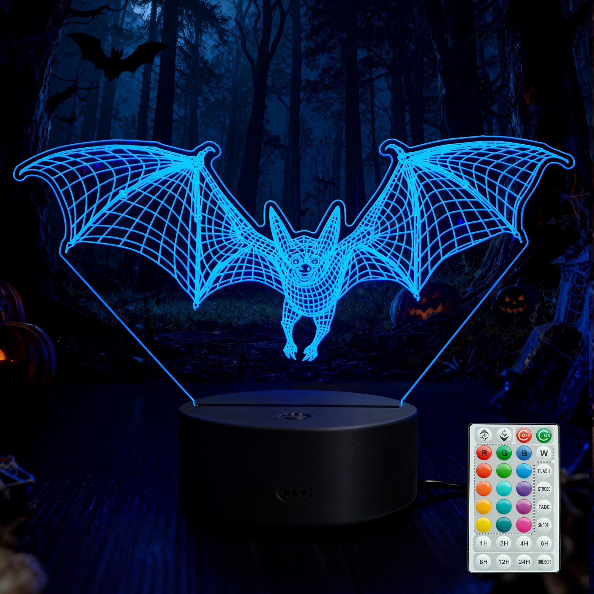 Bat 3D Night Light, Bat Halloween Decor, 16 Colors with Remote Control, Timer, RGB Flashing Mode, Dimmable LED Illusion Lamp, Cool Birthday Halloween Christmas Decor
