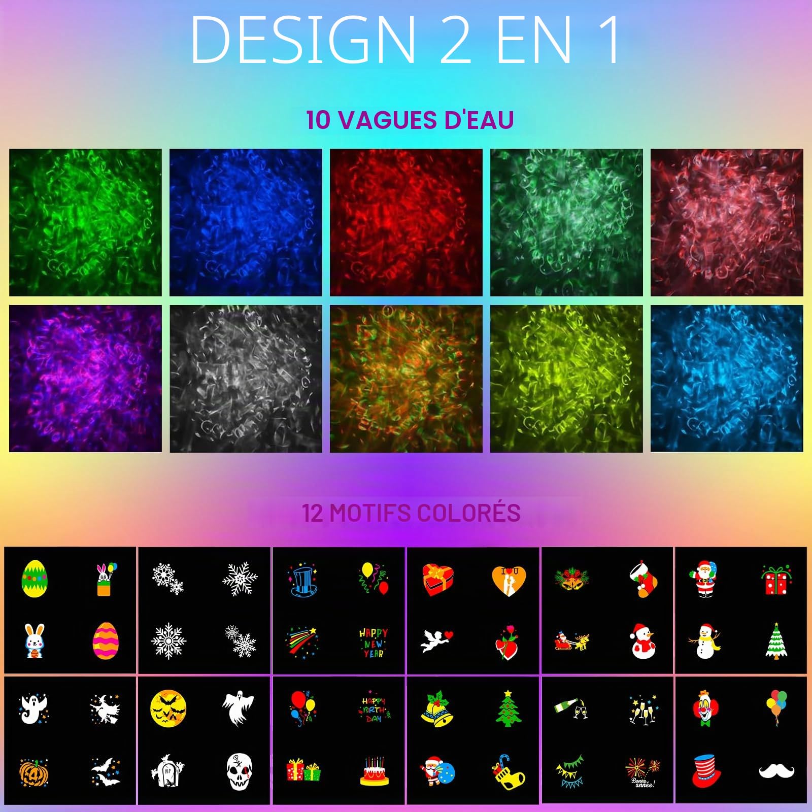 Projecteur Noel Exterieur, Projecteur LED Noël 2 en 1, Lumières de Projection avec 12 Diapositives 10 Effet de Vague d'eau, Etanche Lampe de Projection pour Halloween, Noël, Fête, Jardin
