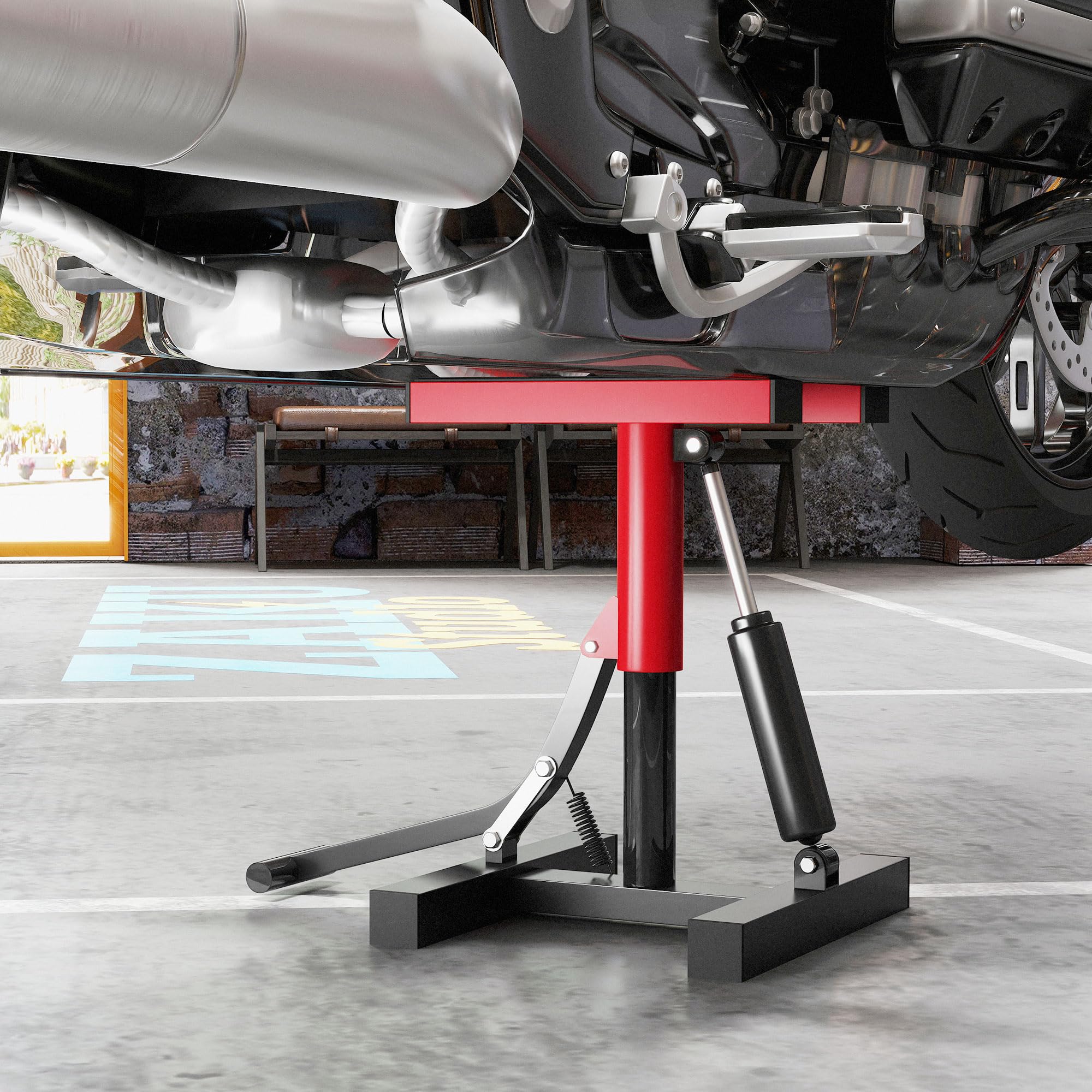 HOMCOM Sollevatore Moto in Acciaio Max 150kg, Cavalletto Alzamoto con Altezza Regolabile 29.5-41 cm e Piattaforma in Gomma Antiscivolo, 33x29x40.5cm, Rosso
