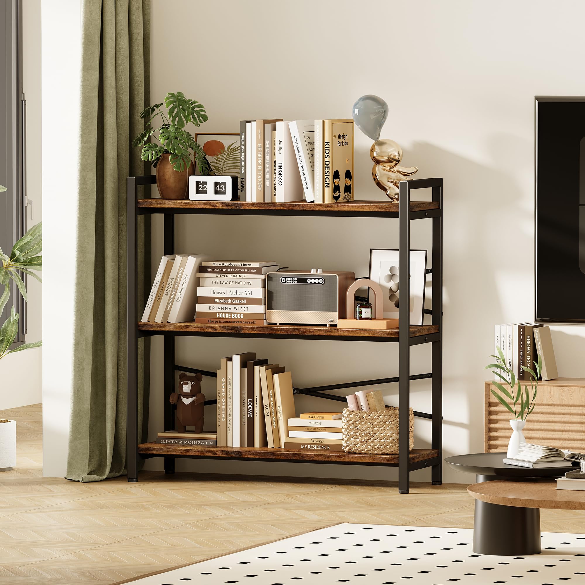 Étagère à livres à 3 niveaux - 80 cm de large - Étagère de rangement et d'organisation - Bibliothèque industrielle en bois et métal - Grande étagère pour la maison, le salon, la chambre à coucher, le