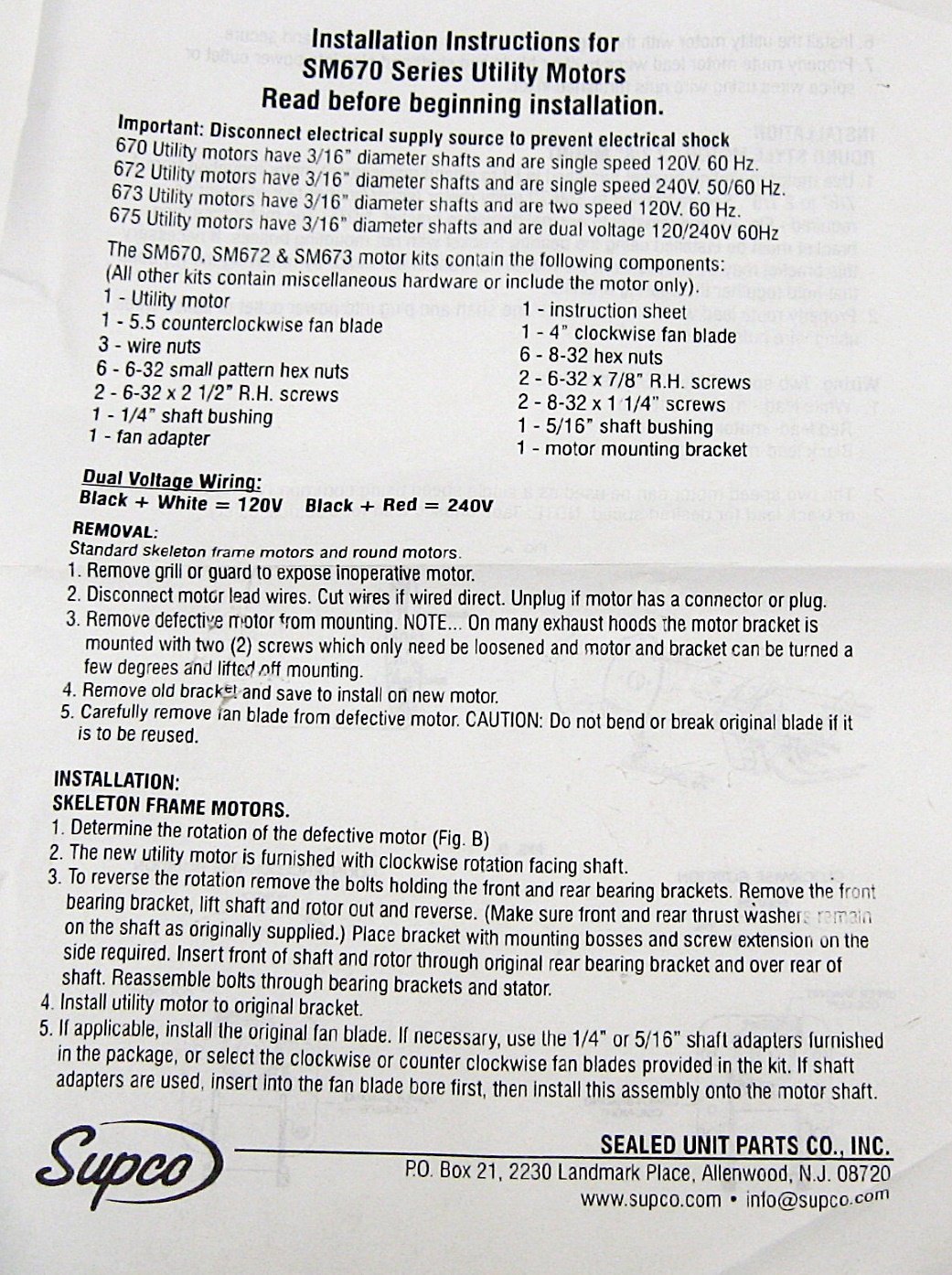Supco SM675 Utility Motor Kit Single Speed Replaces 90970, 7502, EM675, ERM675