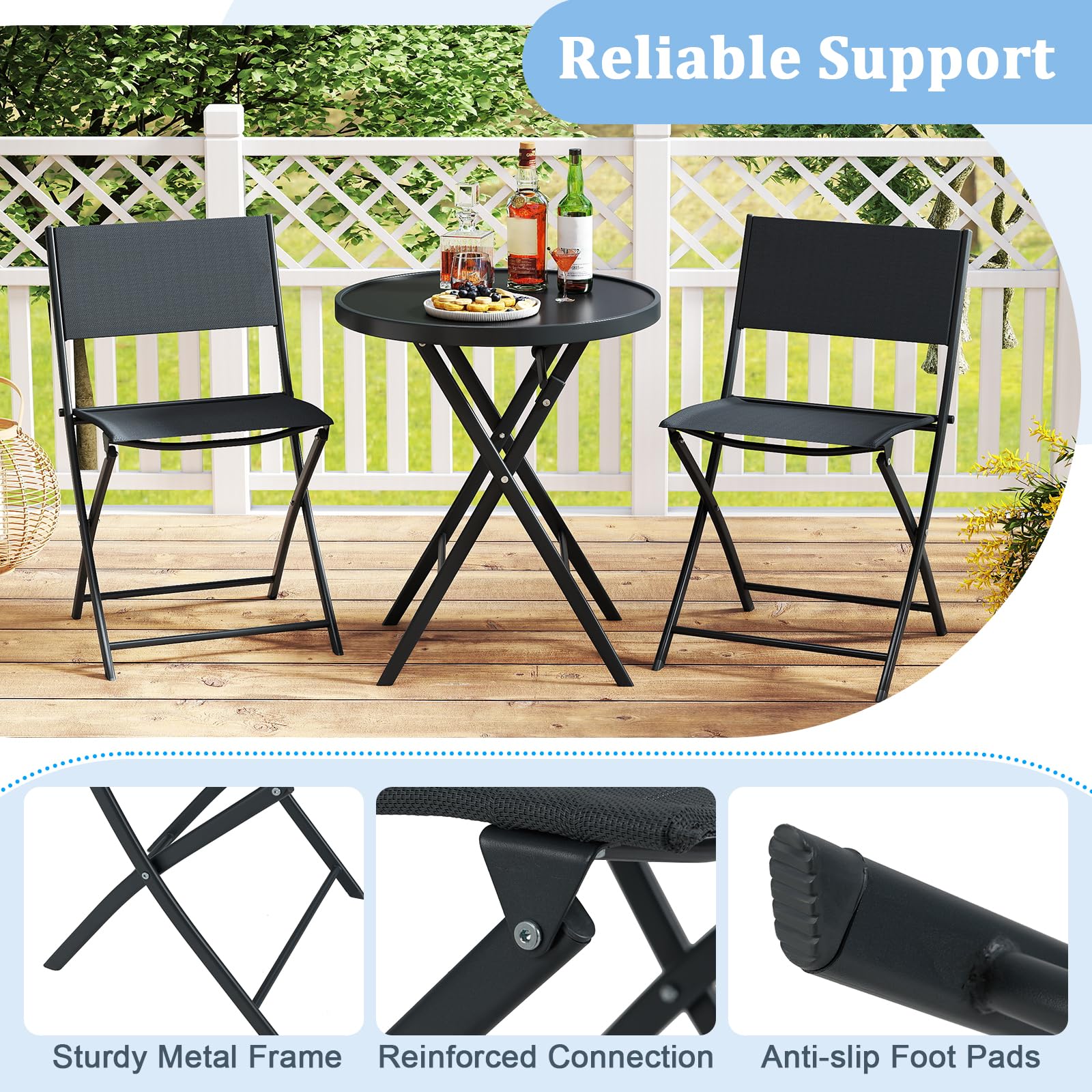 GIANTEX Ensemble Salon de Jardin 3 Pièces Table Ronde Pliante Verre Trempé 2 Chaise Pliantes Tissu Respirant Noir