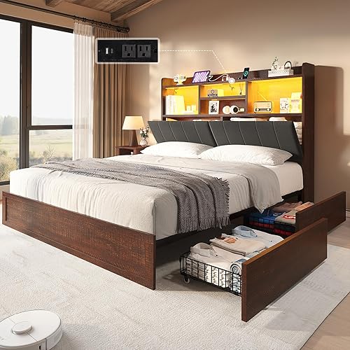 King Farmhouse Bed Frame with Bookcase Headboard and 4 Drawers,