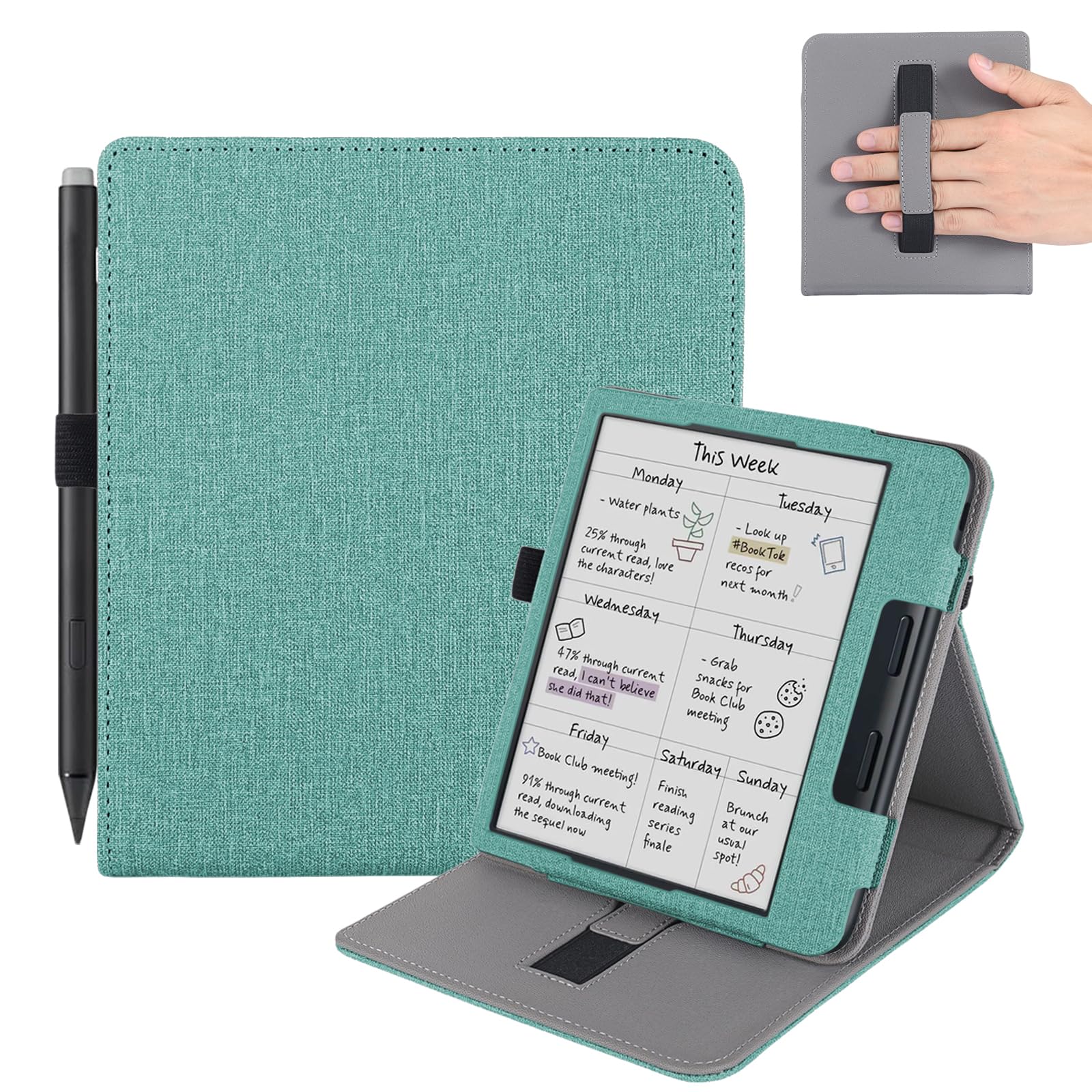 for Kobo Libra Color Case with Pen Holder, Sleep Cover for Kobo Libra 2 with Hand Strap, Green