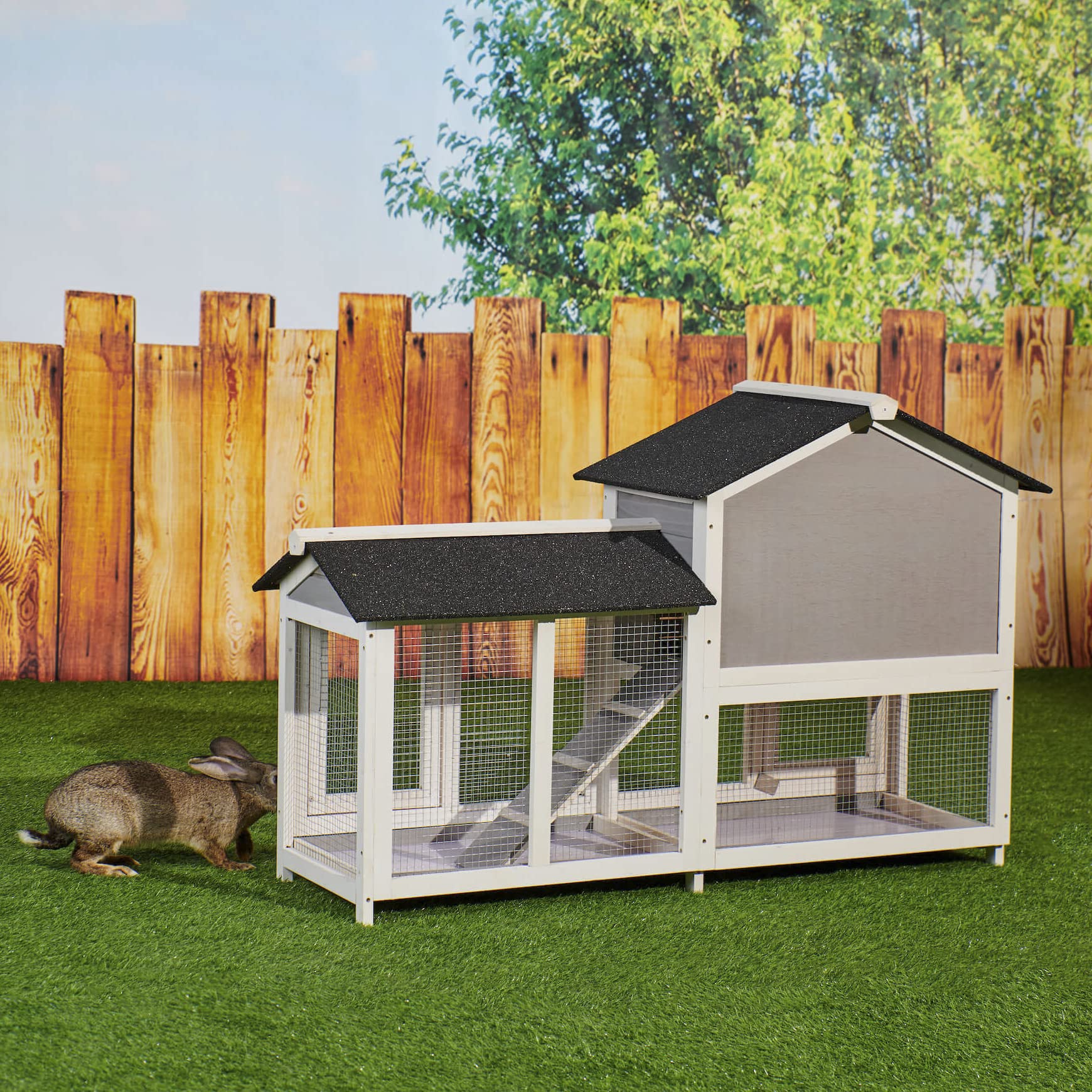 Rabbit Hutch, Indoor Rabbit Hutch Rabbit Cage Outdoor Two Story Bunny Hutch with Asphalt Roof Guinea Pig Cages with Removable No Leaking Tray, Ramp, Outdoor Pet House for Small Animals