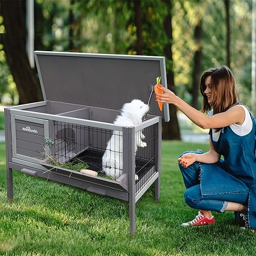 Miniatura 6 de Conejera para conejos, jaulas de madera para conejitos para interiores con bandeja más profunda a prueba de fugas - Mejora con bandeja de alambre de