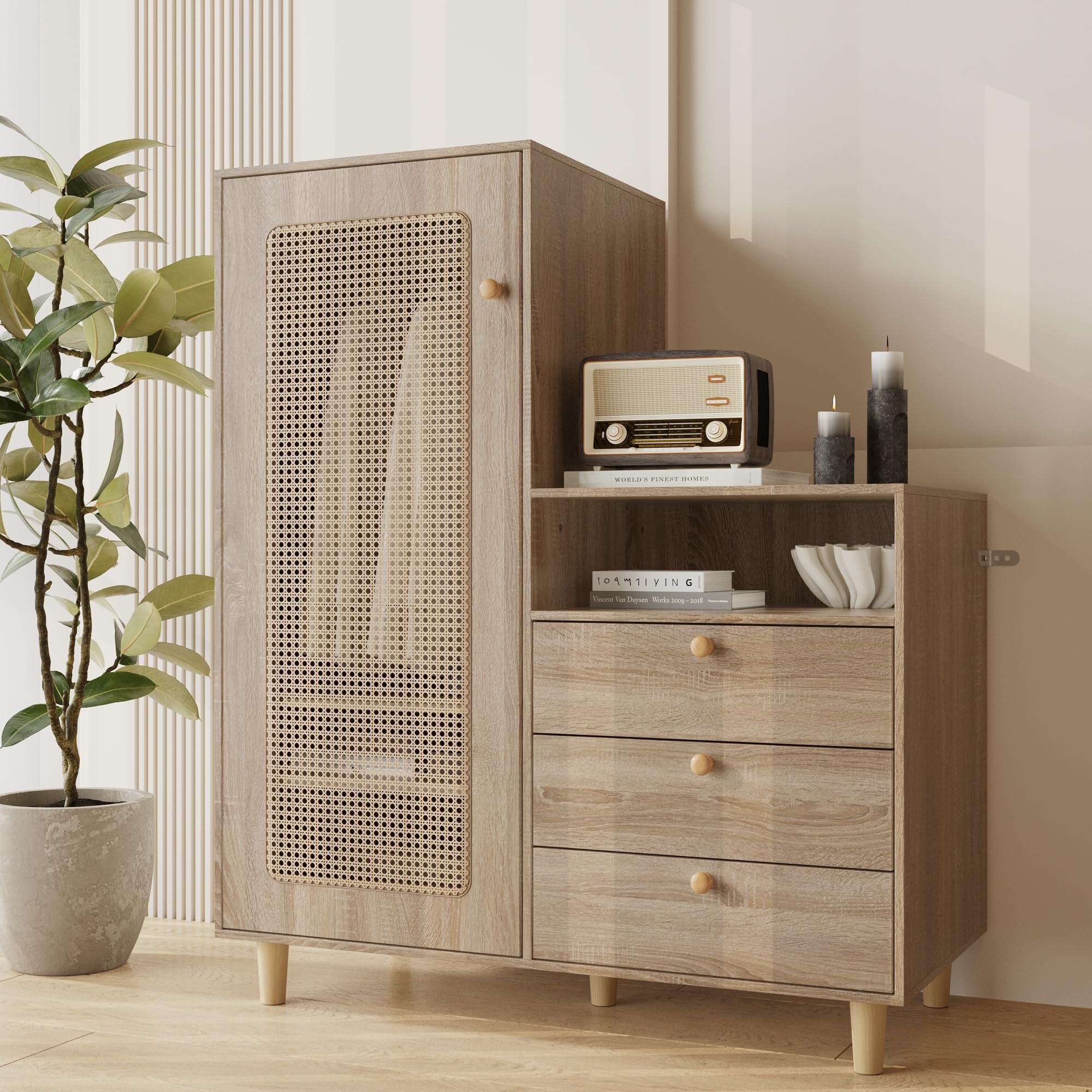 Amazon｜Timechee ワードローブ クローゼット ラタン調 幅90cm 扉付き 