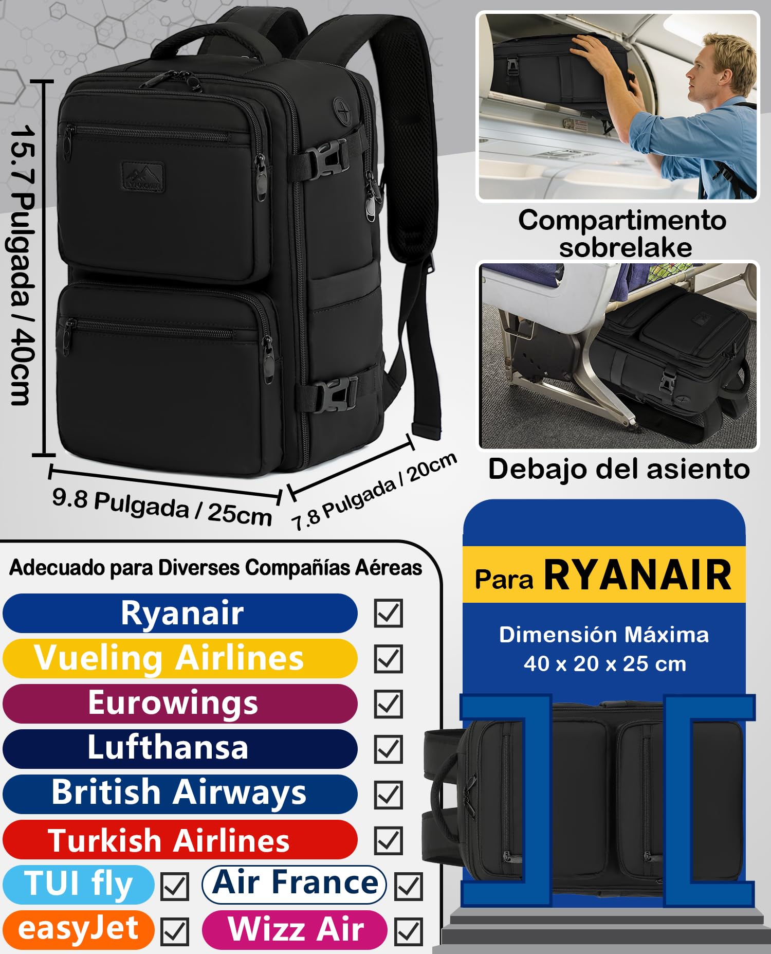 Mochila Viaje Cabina Avion 40x20x25 pour Ryanair Mochila Cabina de Viaje Equipaje Antirrobo 20L Mano Bolso Hombre Mujer para Computadora Portatil de14 Pulgadas Negro
