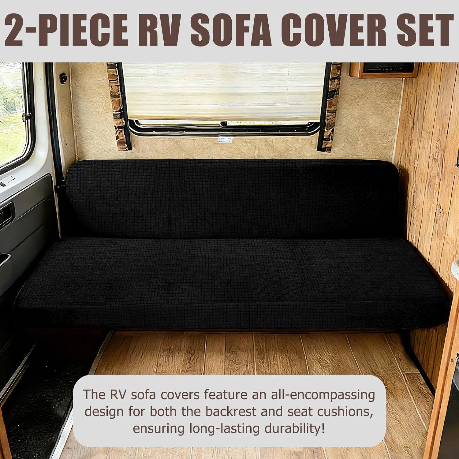2 Piece RV Couch Covers for Sofa Bed, Stretch Elastic Camper Slipcover for RV Jackknife Sofa Bed, Washable Anti-Slip Furniture Protector, Pet Friendly & Wrinkle Free (Black)