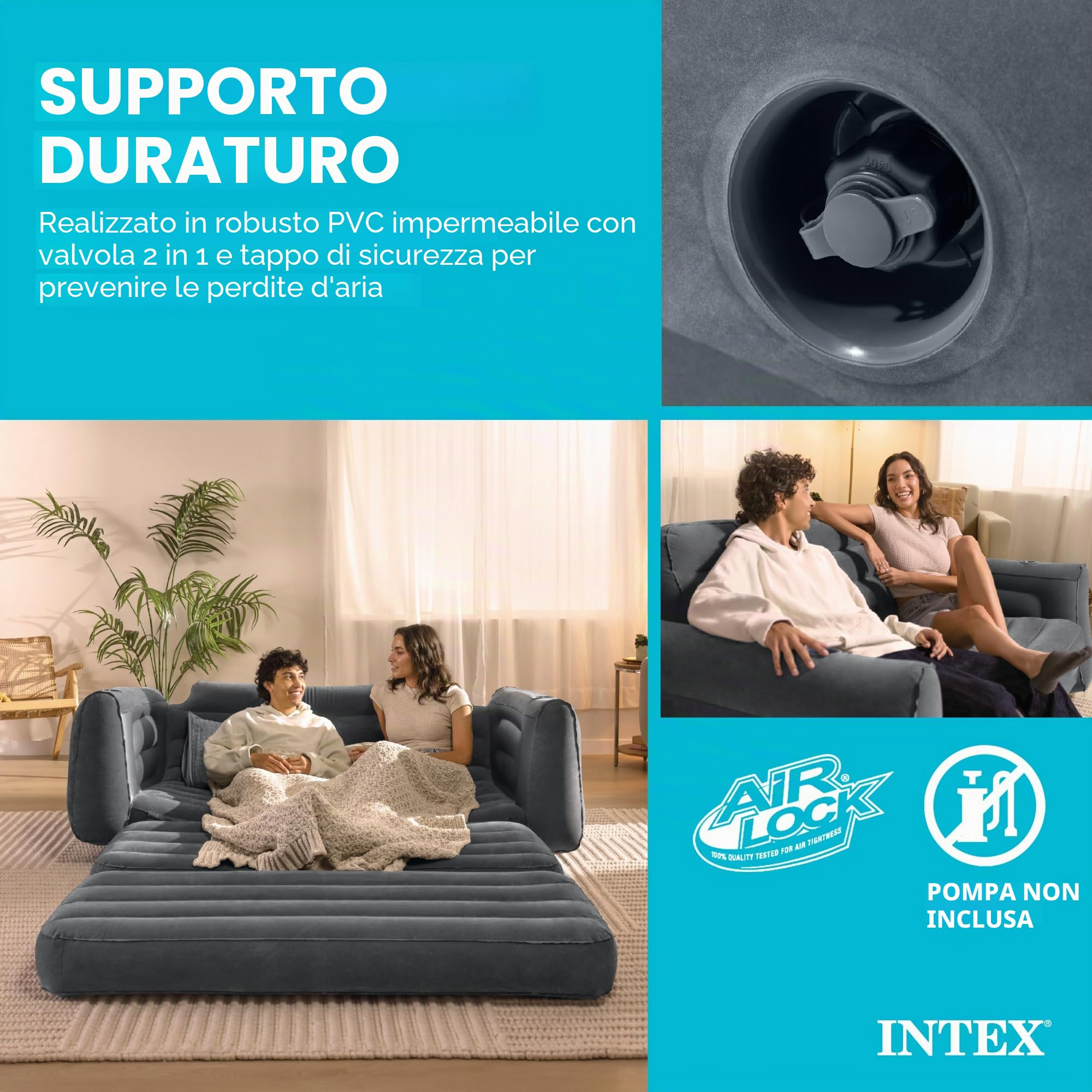 Intex Divano letto matrimoniale da campeggio gonfiabile estraibile con 3 valvole di gonfiaggio e sgonfiaggio rapide, 203,2 x 231,14 x 66,04 cm, grigio antracite