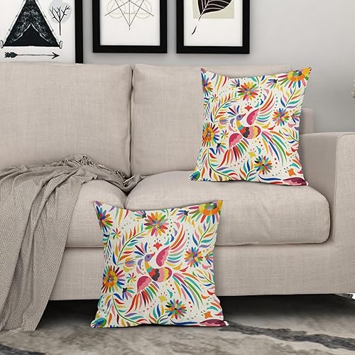 Miniatura 3 de Juego de 2 fundas de almohada con estampado floral mexicano de 18 x 18 pulgadas, diseño étnico colorido de pájaros y flores de cachemira, fundas