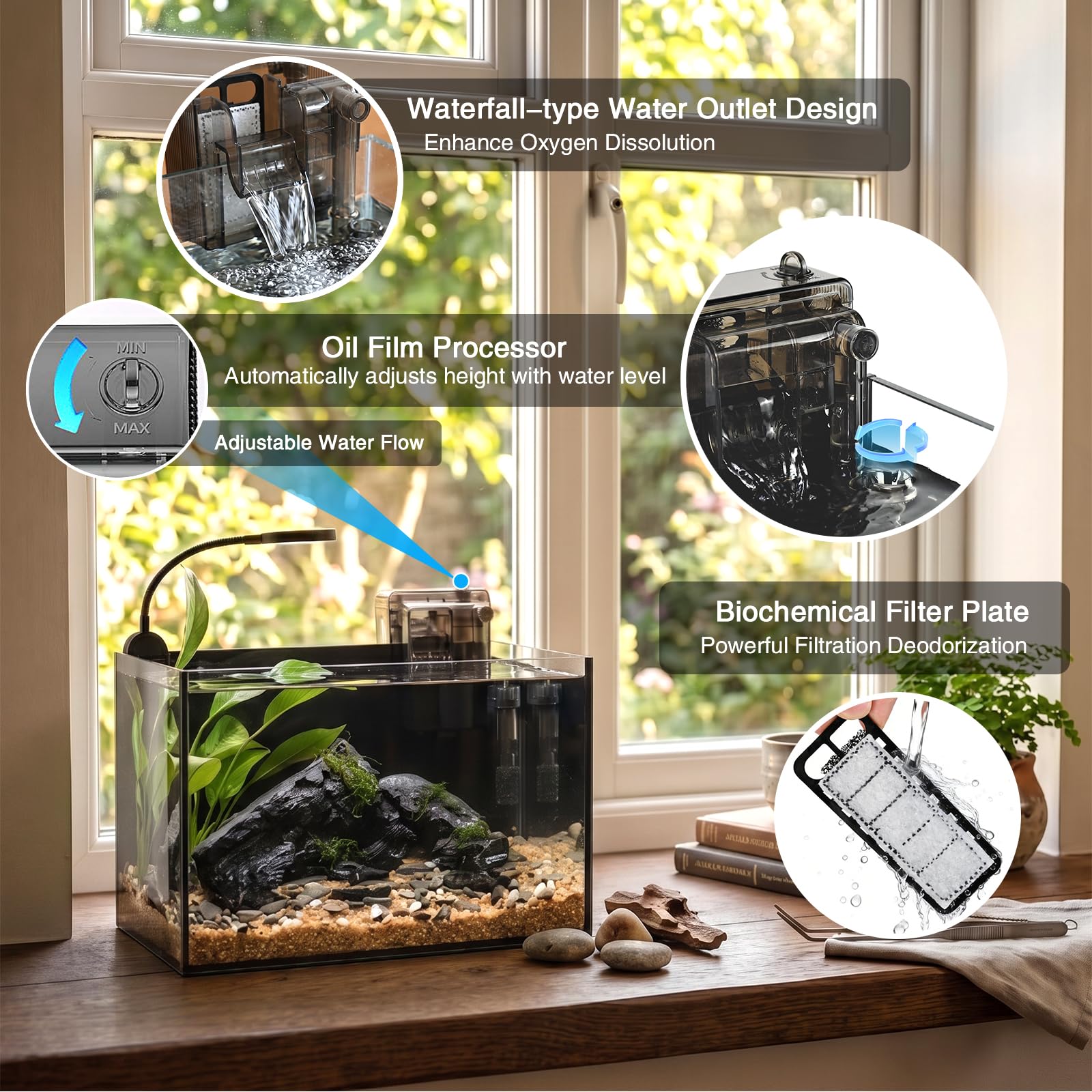 Kit acquario nano naturale da 2,8 galloni, piccolo acquario in vetro trasparente con luce e filtro, adatto per piccoli pesci, gamberetti o pesci Betta, nero.