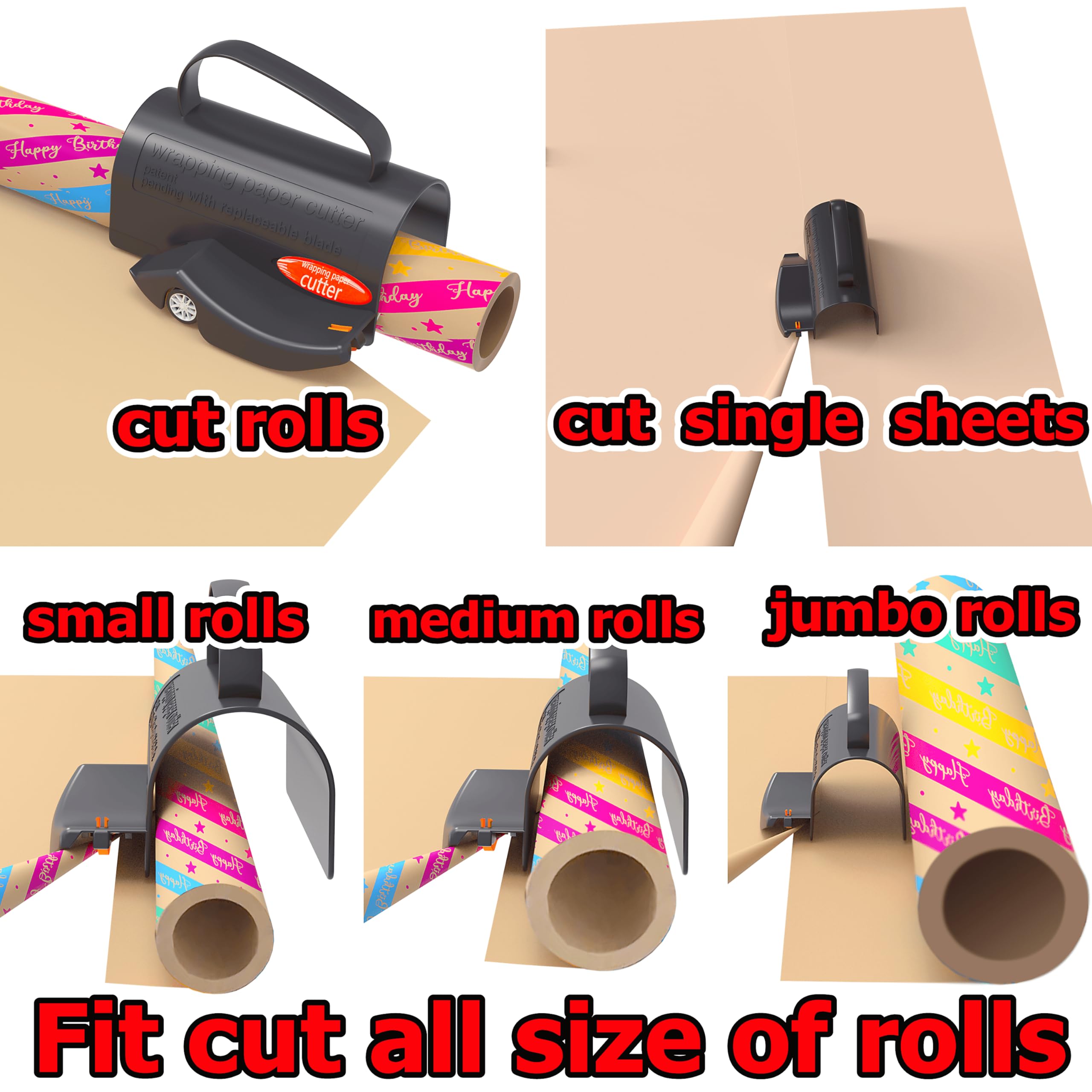 Coupe Papier Cadeau Rouleau,1 Pièces Coupe Papier D'emballage, avec 3 jeux de lames interchangeables,Wrapping Paper Gift Wrap Cutter, Pour les anniversaires, Noël et toutes sortes de fêtes