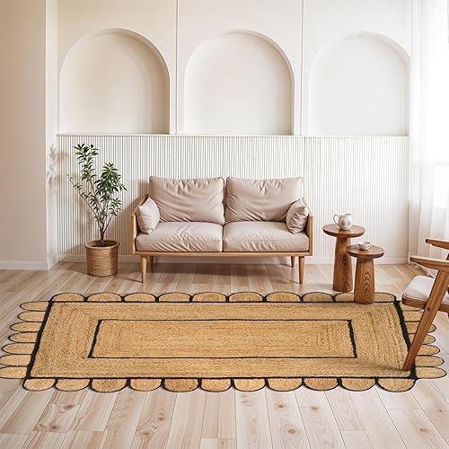 Miniatura 4 de GRUHUM Alfombra de yute festoneado de 4 x 6 pies, base natural, ribete negro, tejida a mano, estilo bohemio, reversible, suave, trenzada, para