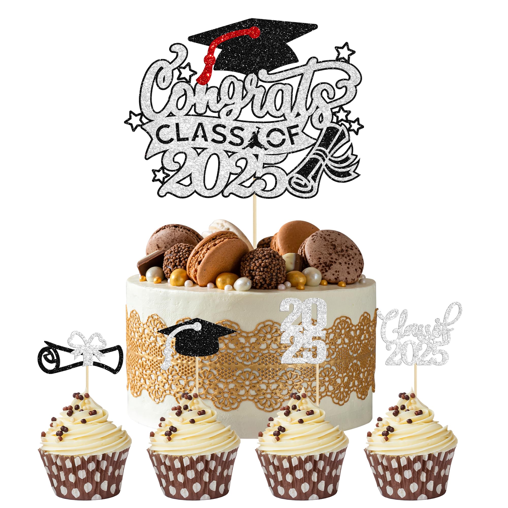 Gyufise 25Pcs Graduation Cupcake Toppers Congrats Grad Class of 2026 Cake Decoration for We Are Proud of You Themed Graduation Cap Diploma Cake Decorations Iโm Done Party Supplies Black Silver