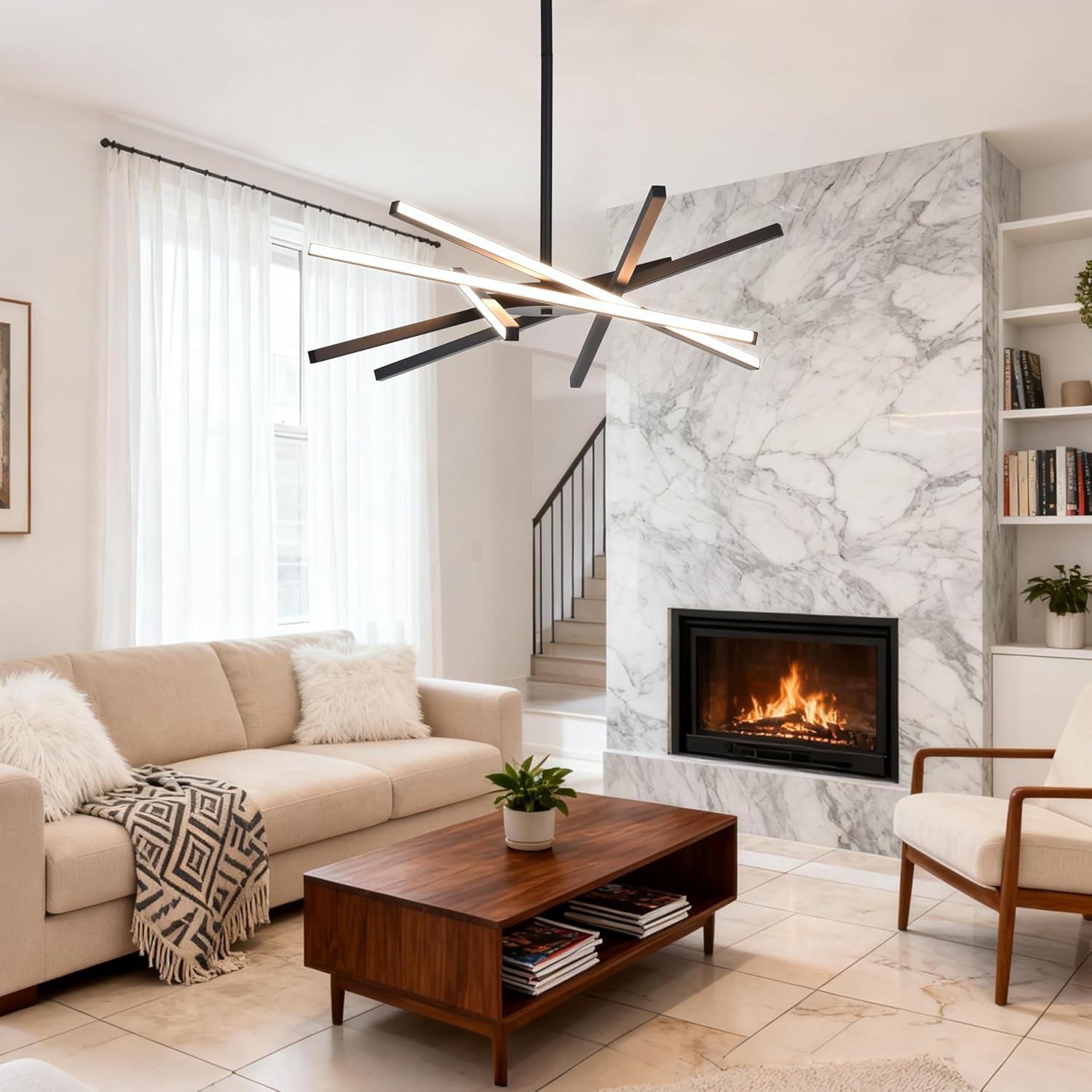 Modern Black Chandeliers Ceiling 36W LED Pendant Light Embedded Mount Chandeliers，LED 6-Lights Linear Pendant Light for Kitchen Island Dining Room Bedroom Living Room Entryway，L23.62"*0.59"/6