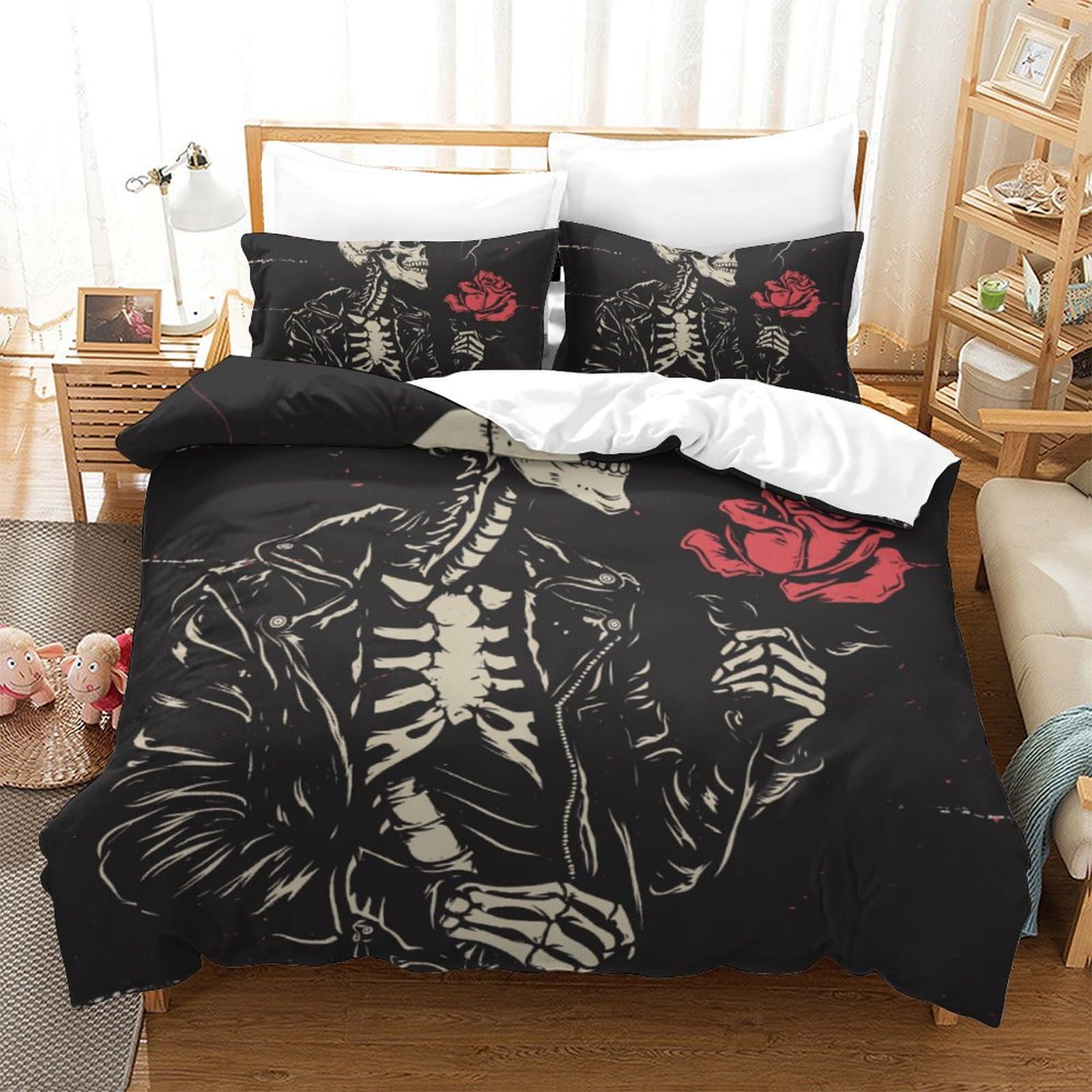 Housse de couette zippée anti-pli lit 220x240 motif 3D roses