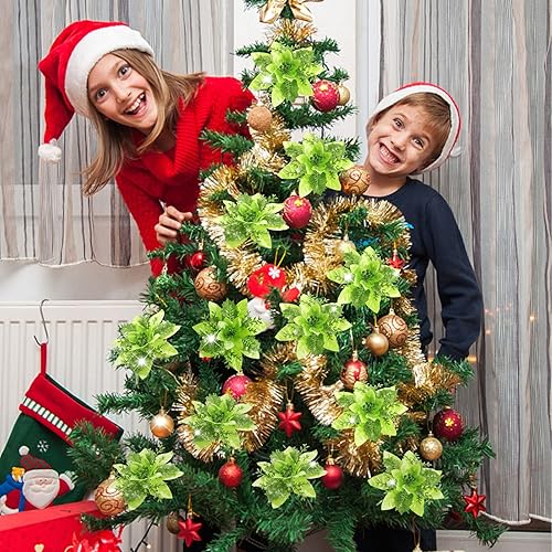 Miniatura 52 de Serwalin 20 flores de Navidad artificiales plateadas, flores de nochebuena con clips, tallos con purpurina, adornos para árbol de Navidad, boda